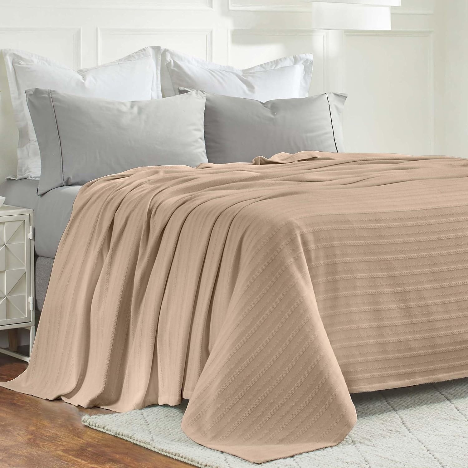 image:imageSUPERIOR Clara Cotton Blanket for Picnic Beach Traveling or Camping Bedroom Decor Essentials Cover for Bed Couch Lounging Textured Jacquard Striped Woven Blanket Twin IvoryKhaki