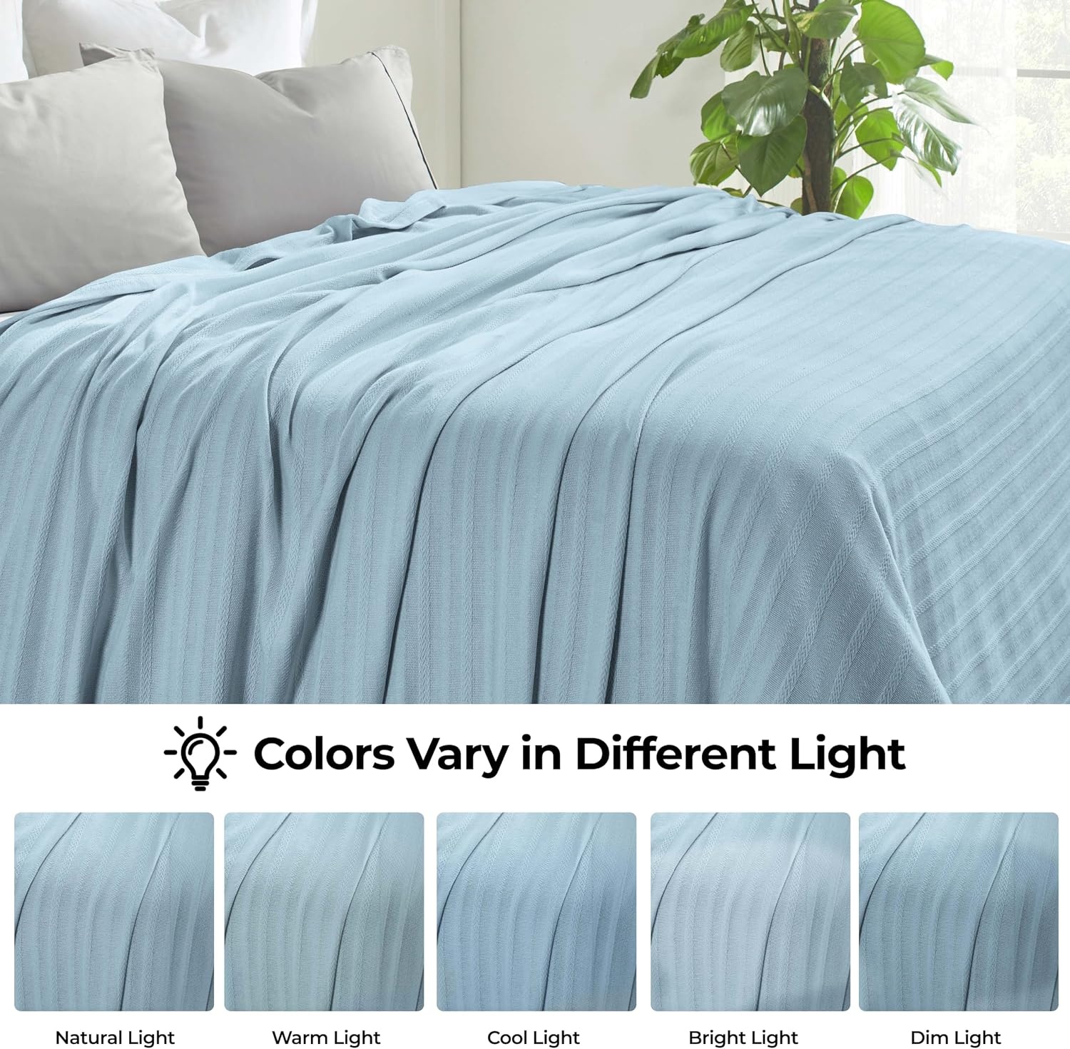 image:imageSUPERIOR Clara Cotton Blanket for Picnic Beach Traveling or Camping Bedroom Decor Essentials Cover for Bed Couch Lounging Textured Jacquard Striped Woven Blanket Twin IvoryLight Blue