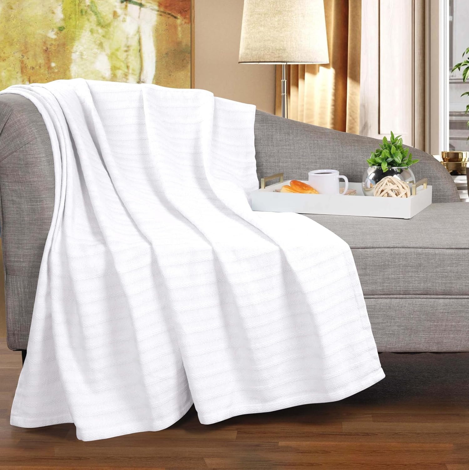 image:imageSUPERIOR Clara Cotton Blanket for Picnic Beach Traveling or Camping Bedroom Decor Essentials Cover for Bed Couch Lounging Textured Jacquard Striped Woven Blanket Twin IvoryWhite