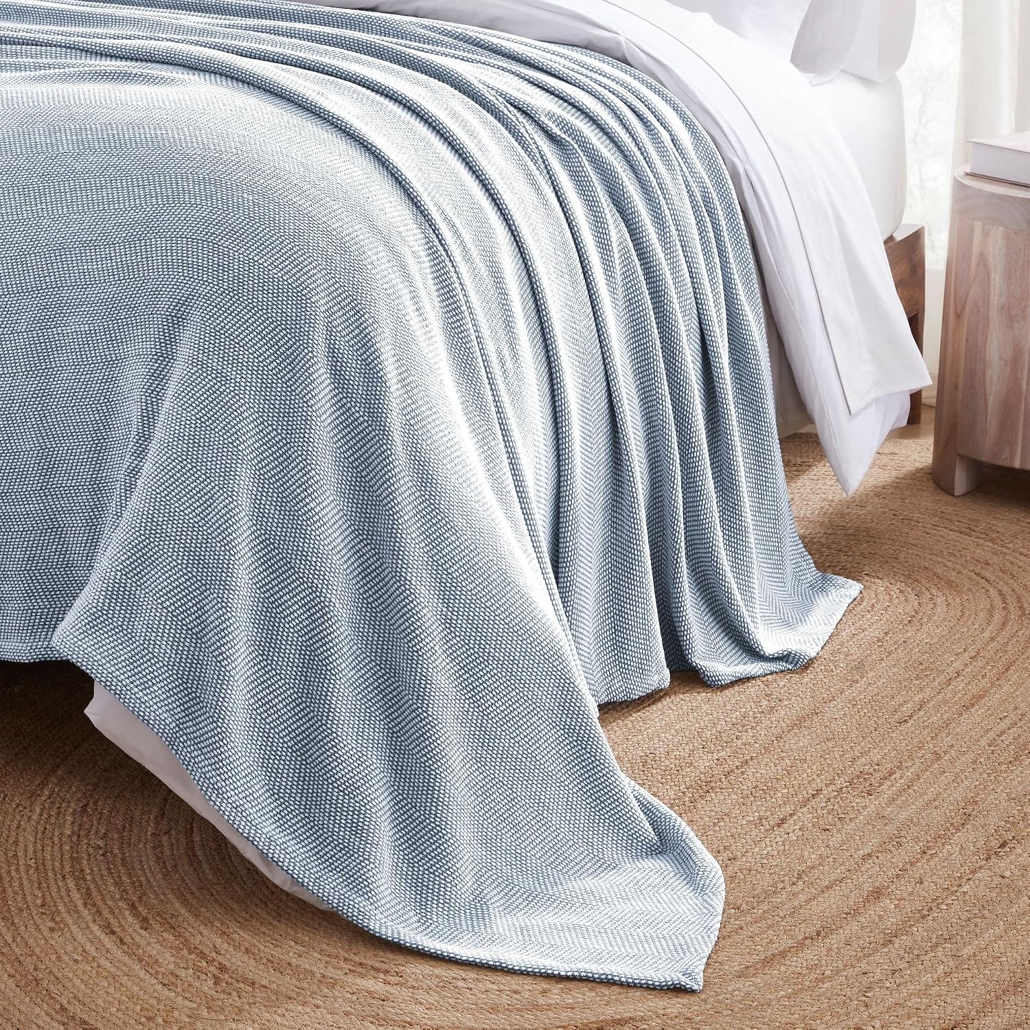 image:imageSUPERIOR Clara Cotton Blanket for Picnic Beach Traveling or Camping Bedroom Decor Essentials Cover for Bed Couch Lounging Textured Jacquard Striped Woven Blanket Twin IvoryBlue