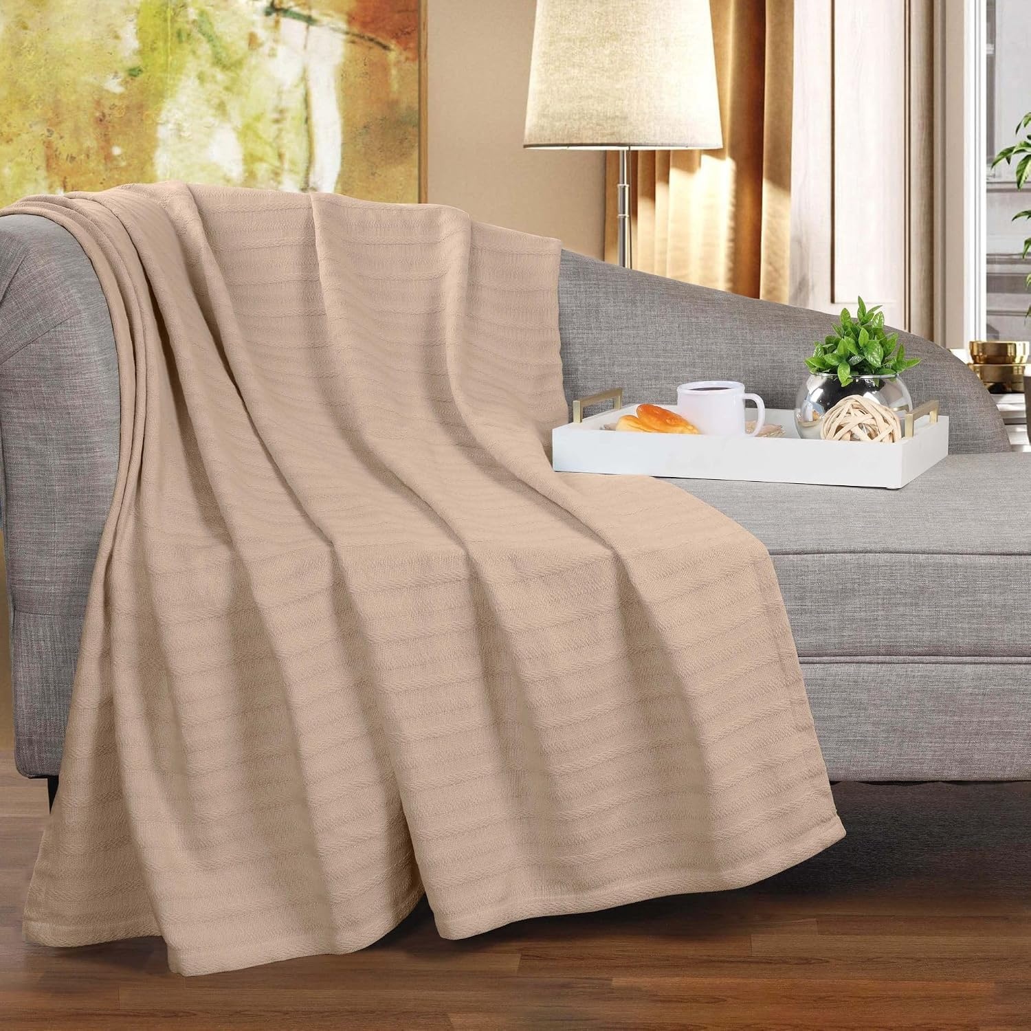 image:imageSUPERIOR Clara Cotton Blanket for Picnic Beach Traveling or Camping Bedroom Decor Essentials Cover for Bed Couch Lounging Textured Jacquard Striped Woven Blanket Twin IvoryKhaki