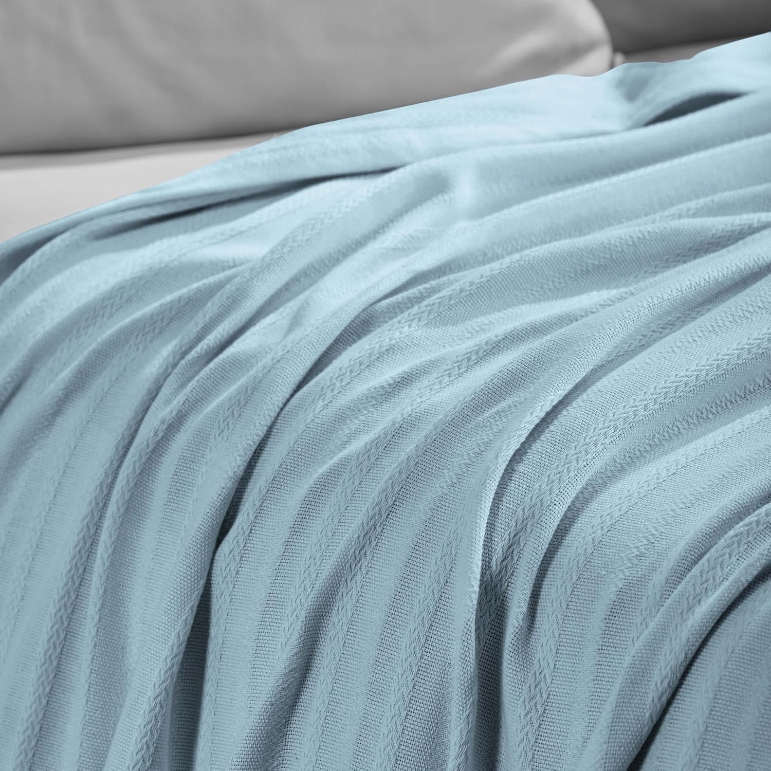 image:imageSUPERIOR Clara Cotton Blanket for Picnic Beach Traveling or Camping Bedroom Decor Essentials Cover for Bed Couch Lounging Textured Jacquard Striped Woven Blanket Twin IvoryLight Blue