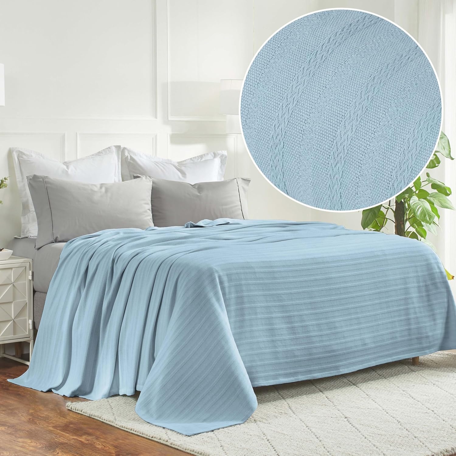 image:imageSUPERIOR Clara Cotton Blanket for Picnic Beach Traveling or Camping Bedroom Decor Essentials Cover for Bed Couch Lounging Textured Jacquard Striped Woven Blanket Twin IvoryLight Blue