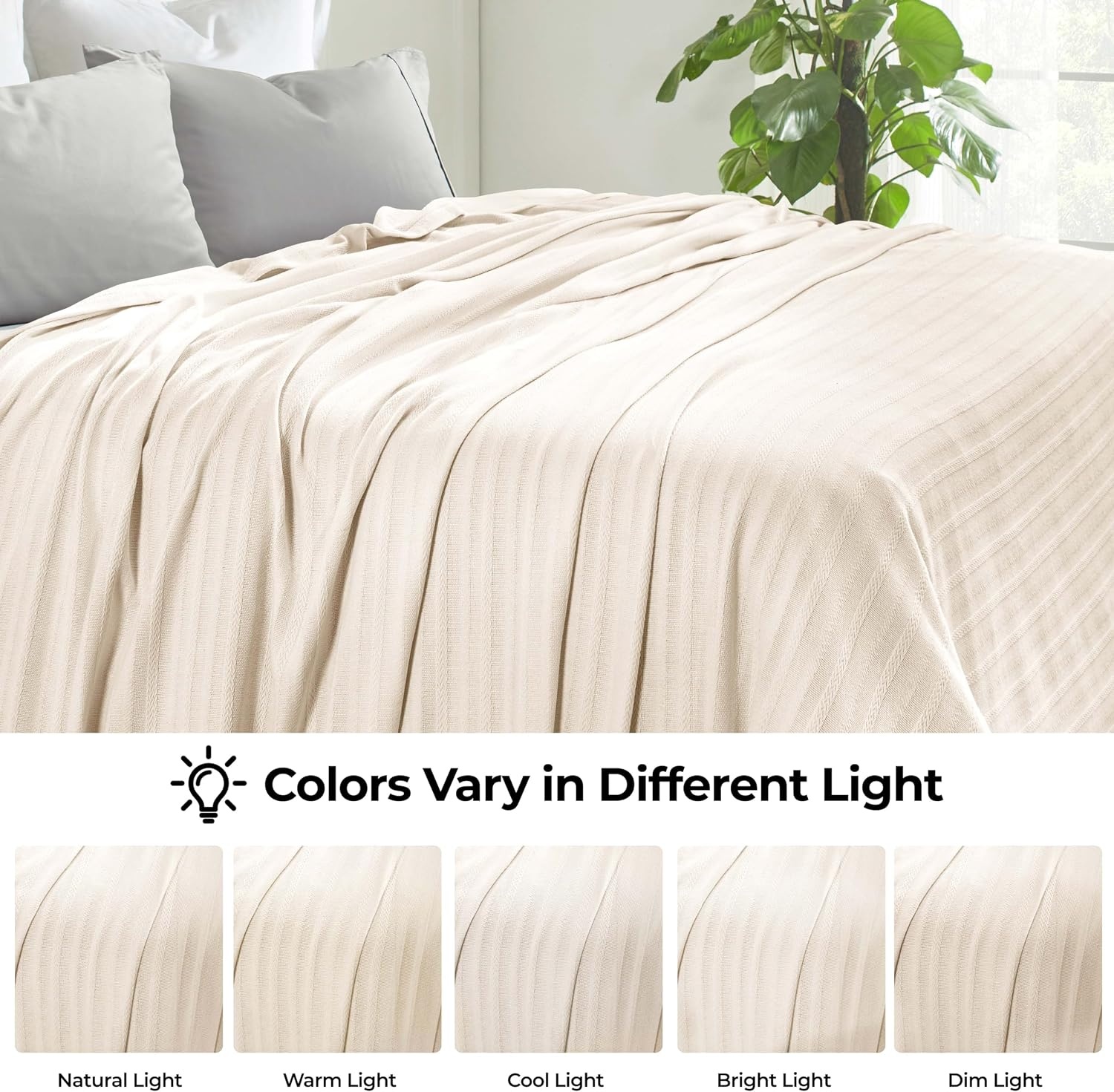 image:imageSUPERIOR Clara Cotton Blanket for Picnic Beach Traveling or Camping Bedroom Decor Essentials Cover for Bed Couch Lounging Textured Jacquard Striped Woven Blanket Twin IvoryIvory