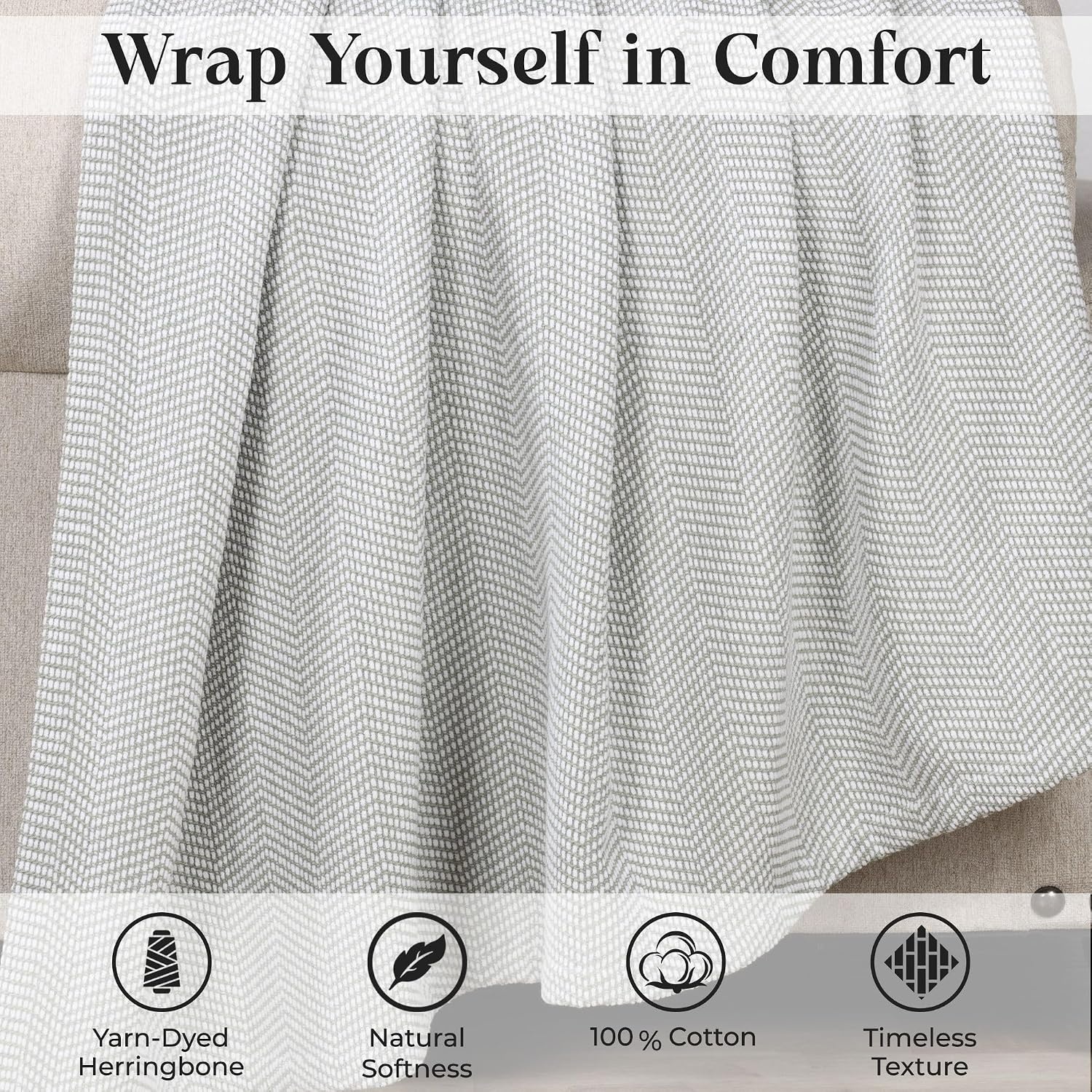 image:imageSUPERIOR Clara Cotton Blanket for Picnic Beach Traveling or Camping Bedroom Decor Essentials Cover for Bed Couch Lounging Textured Jacquard Striped Woven Blanket Twin IvoryGreen