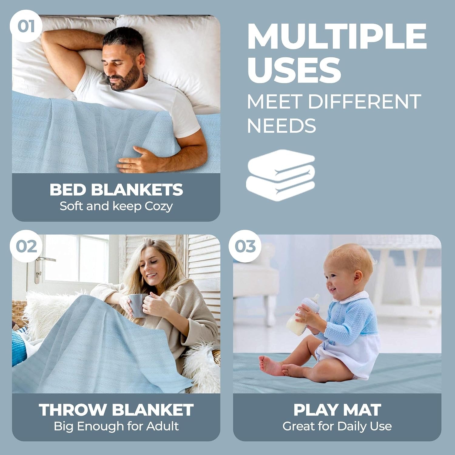 image:imageSUPERIOR Clara Cotton Blanket for Picnic Beach Traveling or Camping Bedroom Decor Essentials Cover for Bed Couch Lounging Textured Jacquard Striped Woven Blanket Twin IvoryLight Blue
