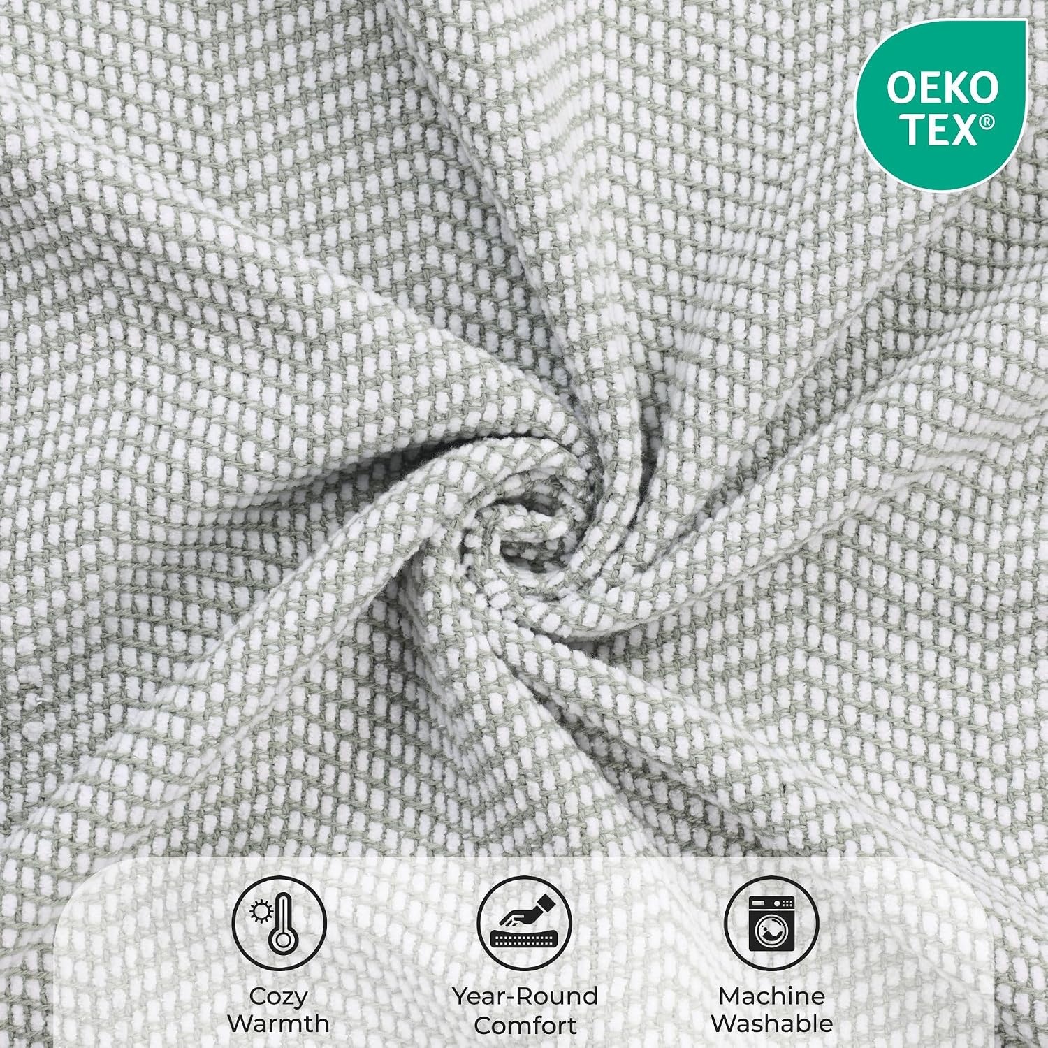 image:imageSUPERIOR Clara Cotton Blanket for Picnic Beach Traveling or Camping Bedroom Decor Essentials Cover for Bed Couch Lounging Textured Jacquard Striped Woven Blanket Twin IvoryGreen