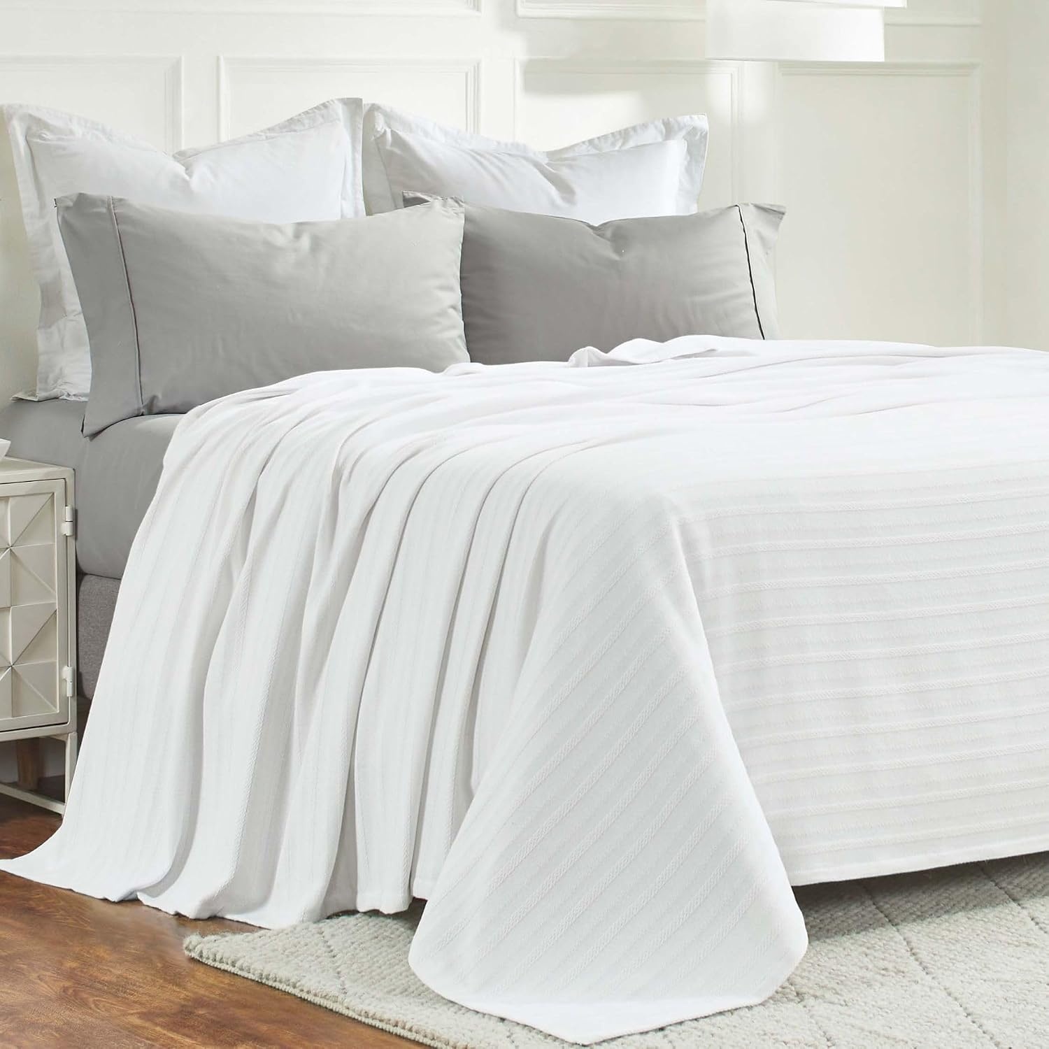 image:imageSUPERIOR Clara Cotton Blanket for Picnic Beach Traveling or Camping Bedroom Decor Essentials Cover for Bed Couch Lounging Textured Jacquard Striped Woven Blanket Twin IvoryWhite