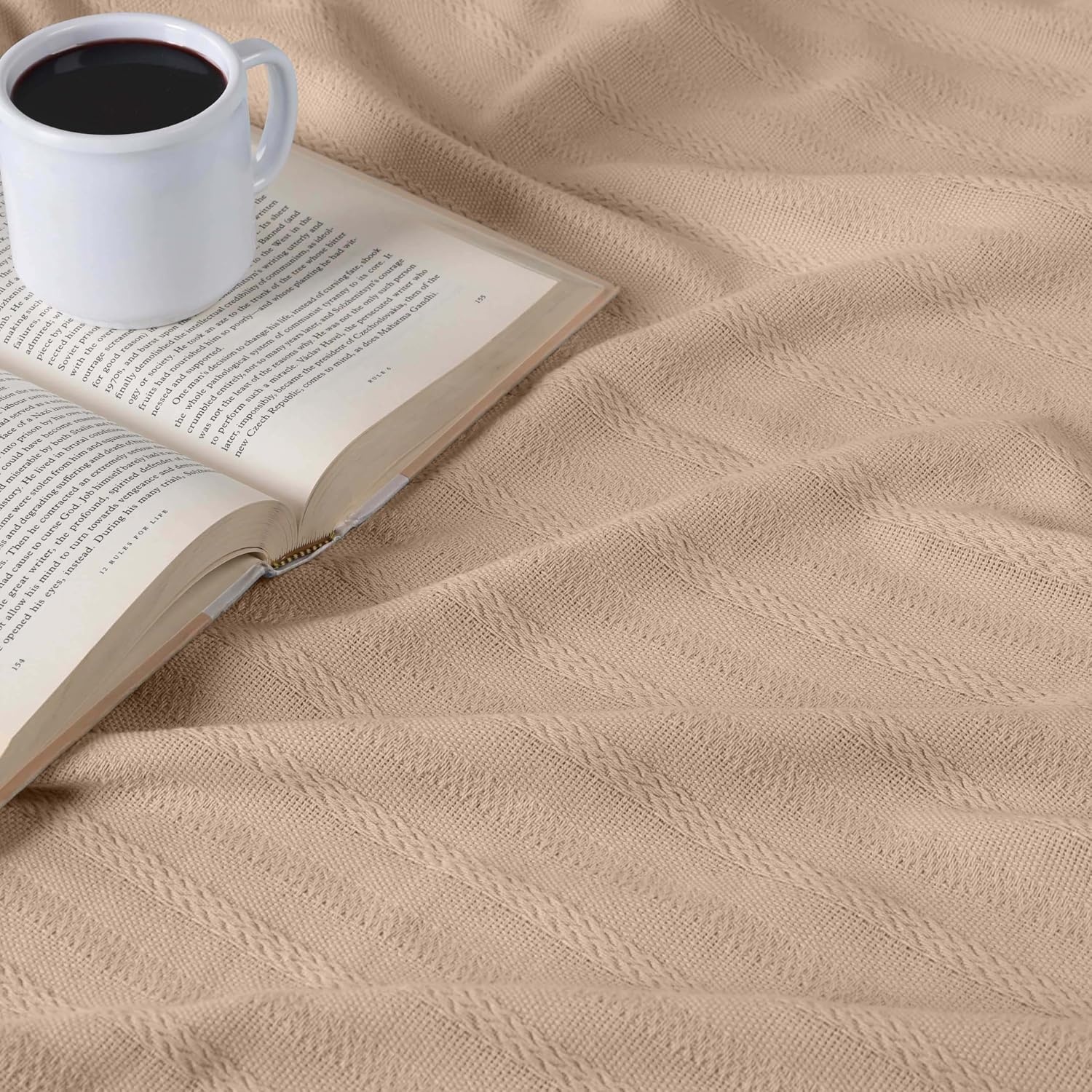 image:imageSUPERIOR Clara Cotton Blanket for Picnic Beach Traveling or Camping Bedroom Decor Essentials Cover for Bed Couch Lounging Textured Jacquard Striped Woven Blanket Twin IvoryKhaki
