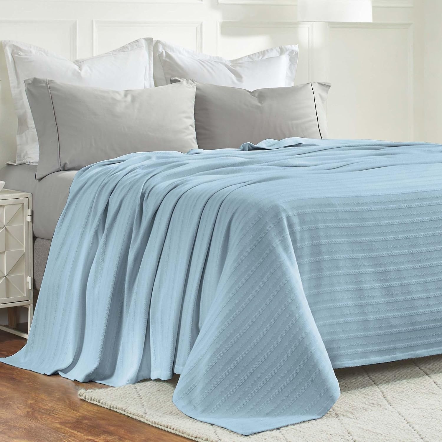 image:imageSUPERIOR Clara Cotton Blanket for Picnic Beach Traveling or Camping Bedroom Decor Essentials Cover for Bed Couch Lounging Textured Jacquard Striped Woven Blanket Twin IvoryLight Blue