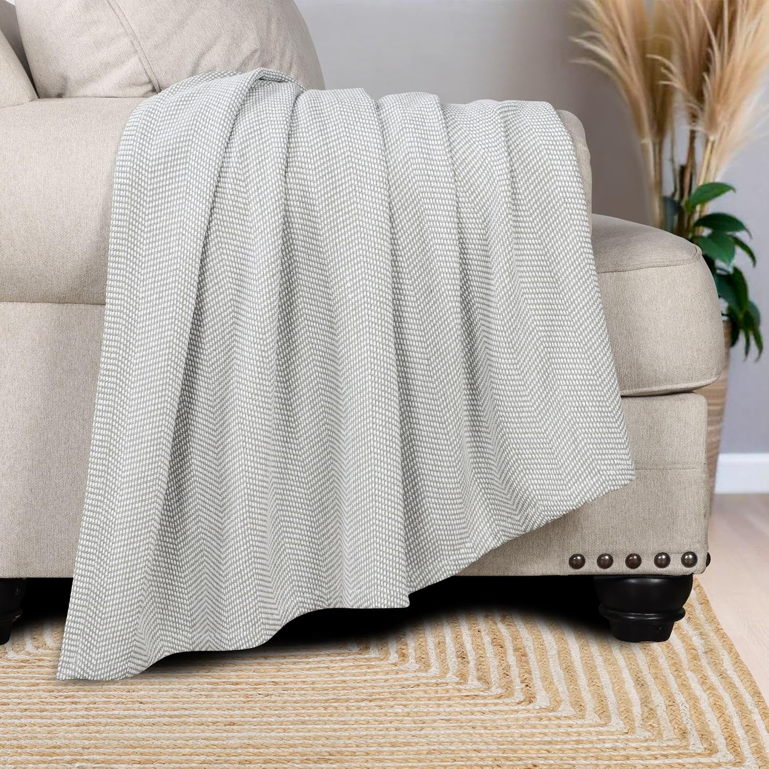 image:imageSUPERIOR Clara Cotton Blanket for Picnic Beach Traveling or Camping Bedroom Decor Essentials Cover for Bed Couch Lounging Textured Jacquard Striped Woven Blanket Twin IvoryGreen