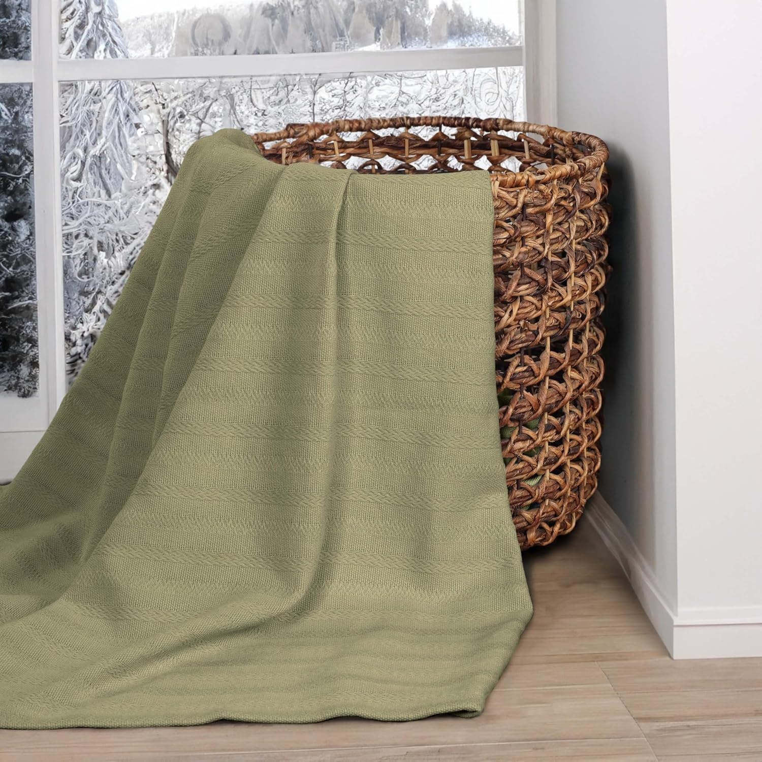 image:imageSUPERIOR Clara Cotton Blanket for Picnic Beach Traveling or Camping Bedroom Decor Essentials Cover for Bed Couch Lounging Textured Jacquard Striped Woven Blanket Twin IvorySage