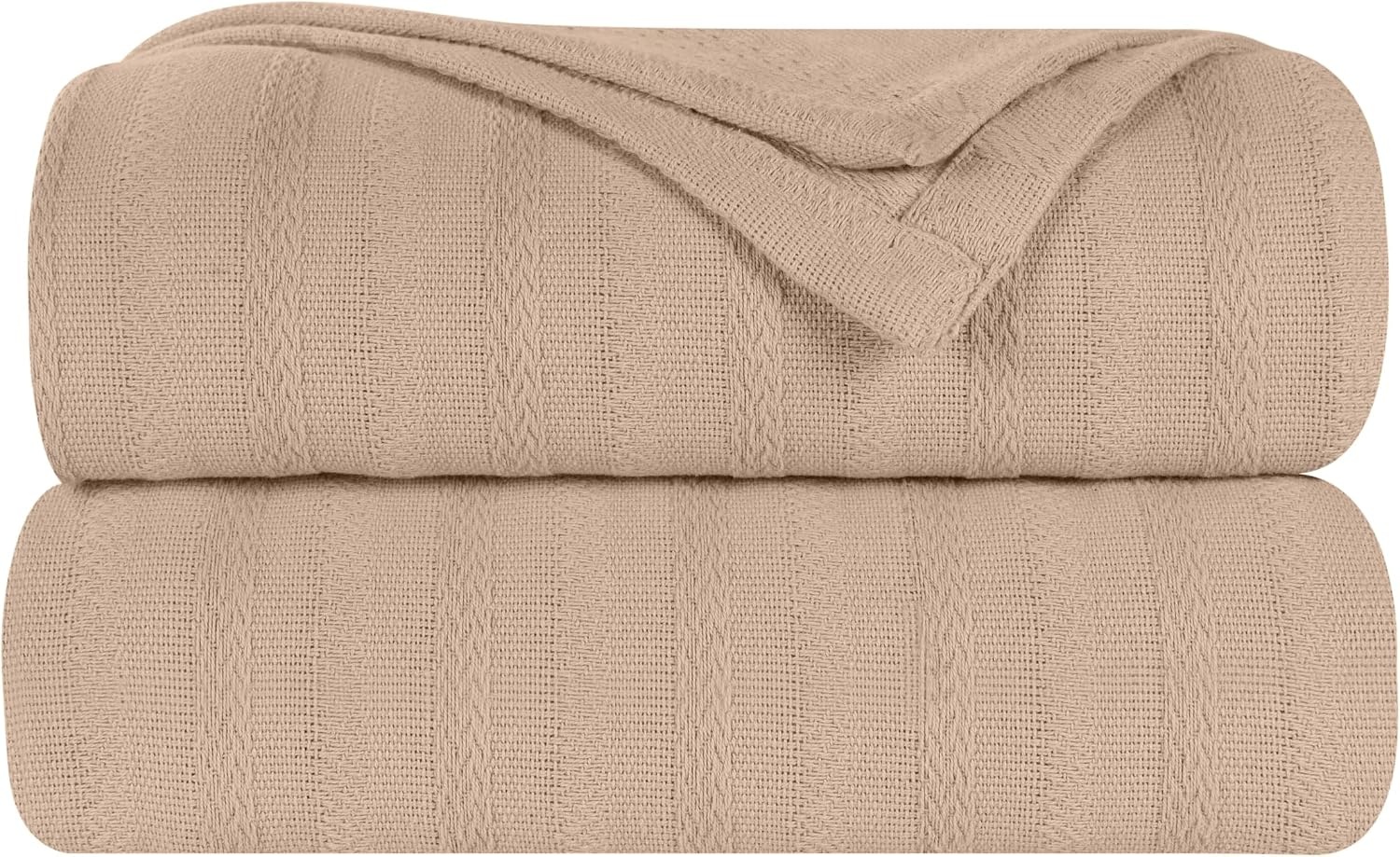 image:imageSUPERIOR Clara Cotton Blanket for Picnic Beach Traveling or Camping Bedroom Decor Essentials Cover for Bed Couch Lounging Textured Jacquard Striped Woven Blanket Twin IvoryKhaki