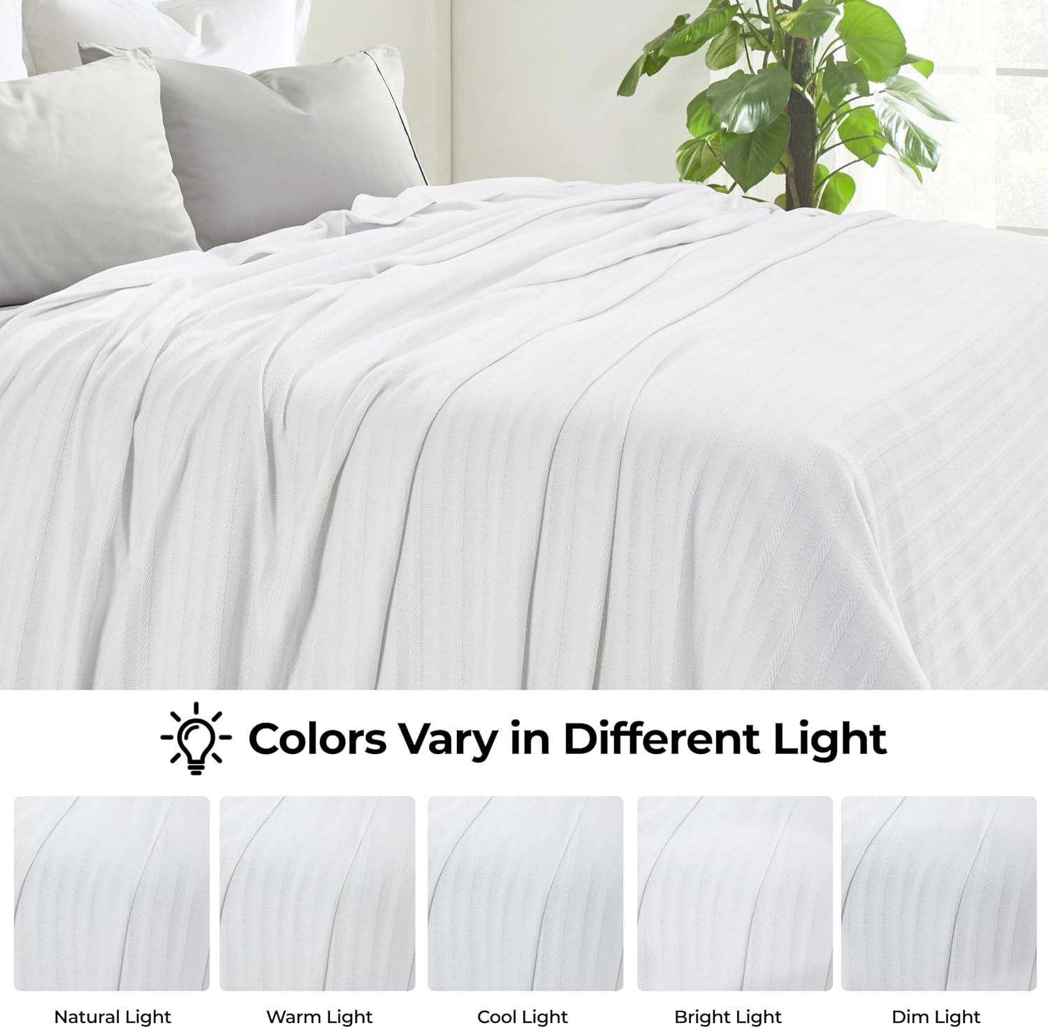 image:imageSUPERIOR Clara Cotton Blanket for Picnic Beach Traveling or Camping Bedroom Decor Essentials Cover for Bed Couch Lounging Textured Jacquard Striped Woven Blanket Twin IvoryWhite