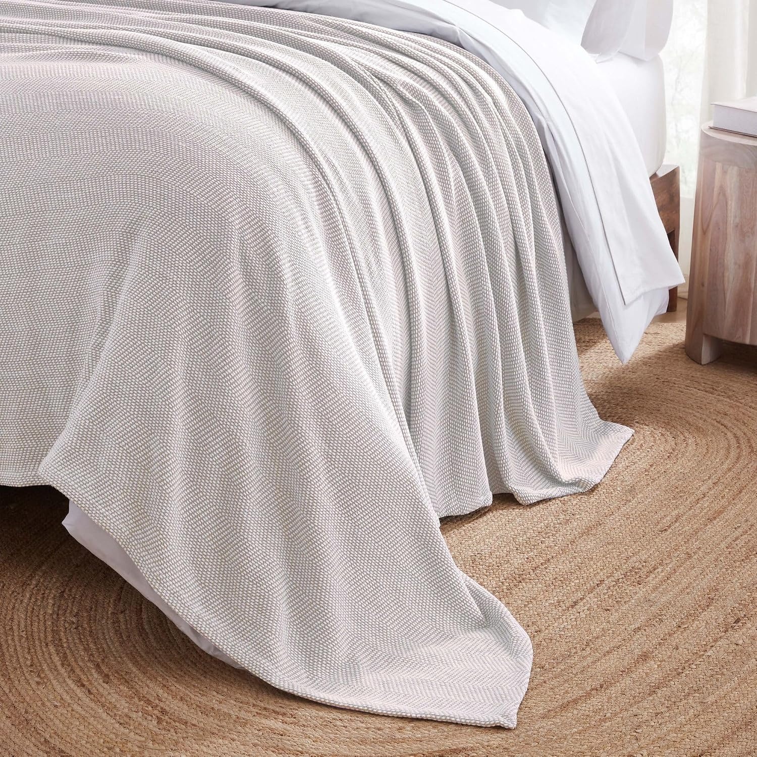 image:imageSUPERIOR Clara Cotton Blanket for Picnic Beach Traveling or Camping Bedroom Decor Essentials Cover for Bed Couch Lounging Textured Jacquard Striped Woven Blanket Twin IvoryTan