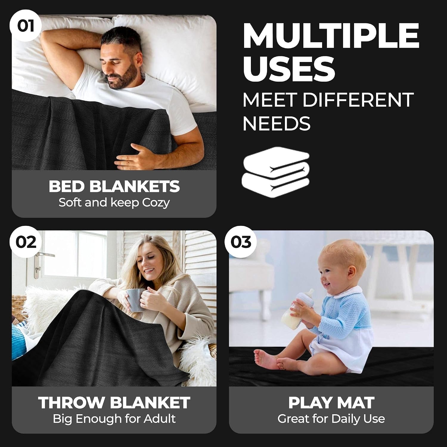 image:imageSUPERIOR Clara Cotton Blanket for Picnic Beach Traveling or Camping Bedroom Decor Essentials Cover for Bed Couch Lounging Textured Jacquard Striped Woven Blanket Twin IvoryBlack