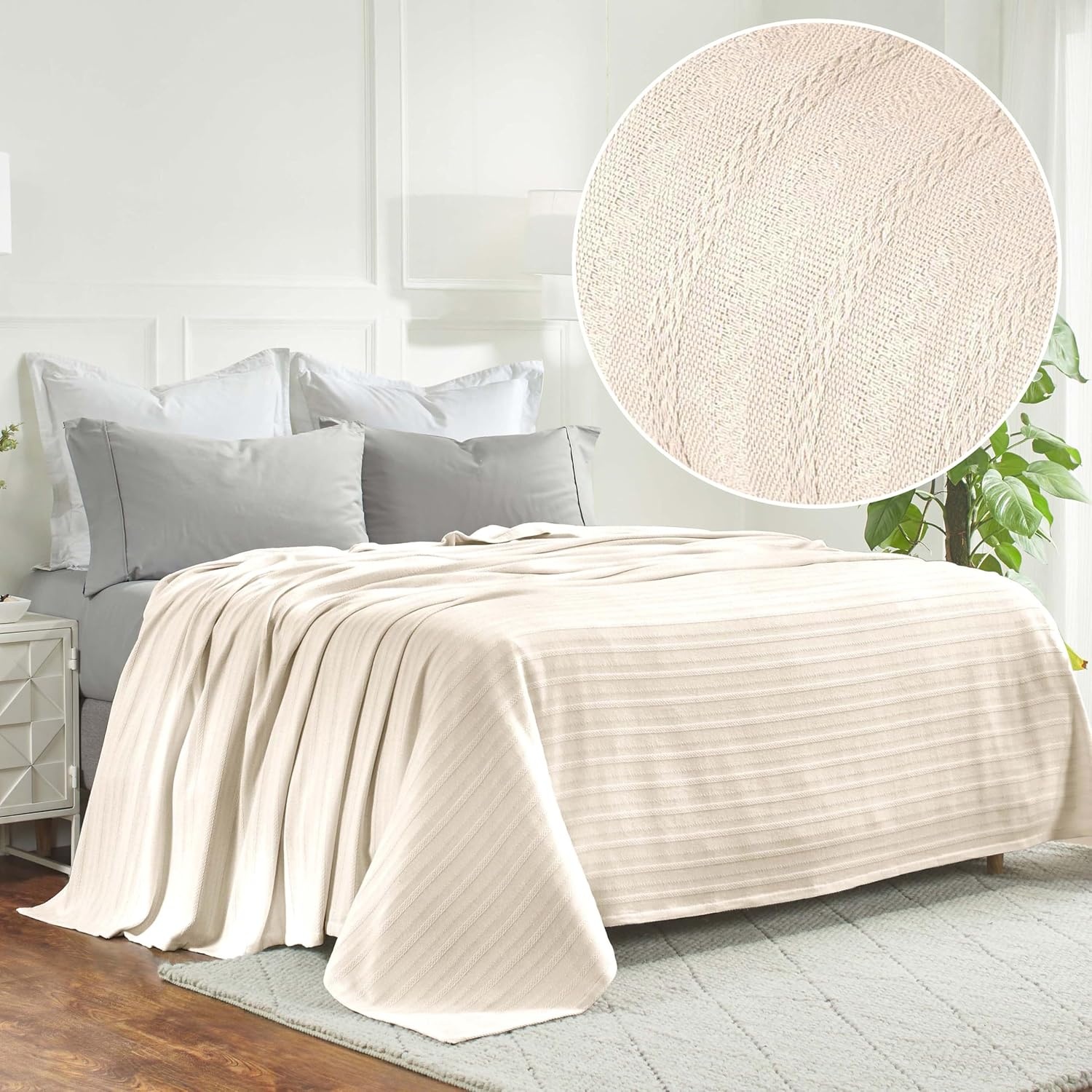 image:imageSUPERIOR Clara Cotton Blanket for Picnic Beach Traveling or Camping Bedroom Decor Essentials Cover for Bed Couch Lounging Textured Jacquard Striped Woven Blanket Twin IvoryIvory