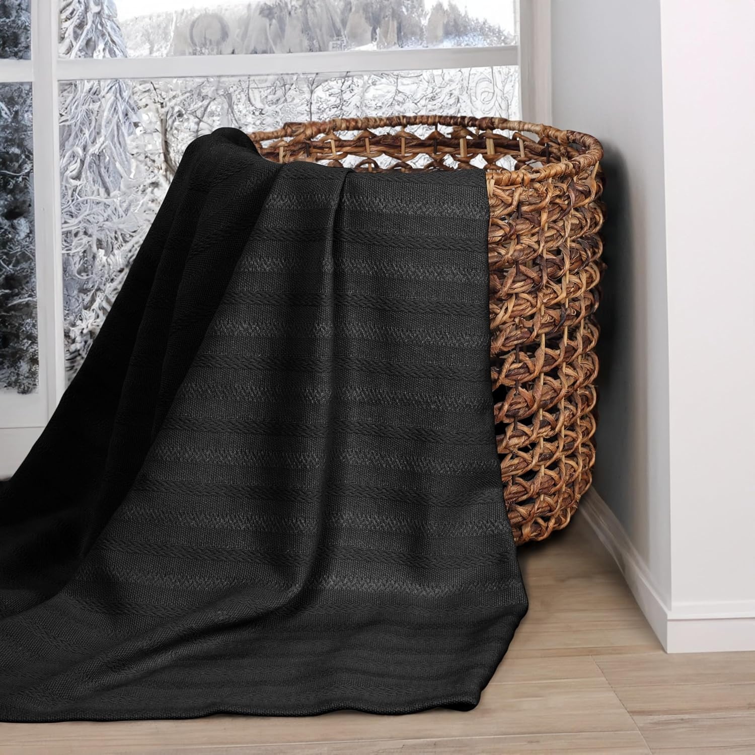 image:imageSUPERIOR Clara Cotton Blanket for Picnic Beach Traveling or Camping Bedroom Decor Essentials Cover for Bed Couch Lounging Textured Jacquard Striped Woven Blanket Twin IvoryBlack