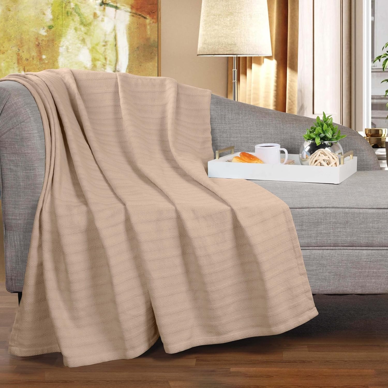 image:imageSUPERIOR Clara Cotton Blanket for Picnic Beach Traveling or Camping Bedroom Decor Essentials Cover for Bed Couch Lounging Textured Jacquard Striped Woven Blanket Twin IvoryKhaki