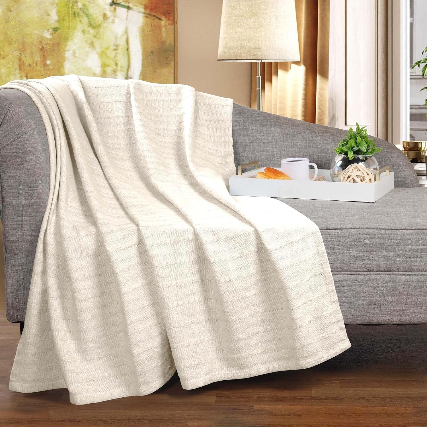 image:imageSUPERIOR Clara Cotton Blanket for Picnic Beach Traveling or Camping Bedroom Decor Essentials Cover for Bed Couch Lounging Textured Jacquard Striped Woven Blanket Twin IvoryIvory