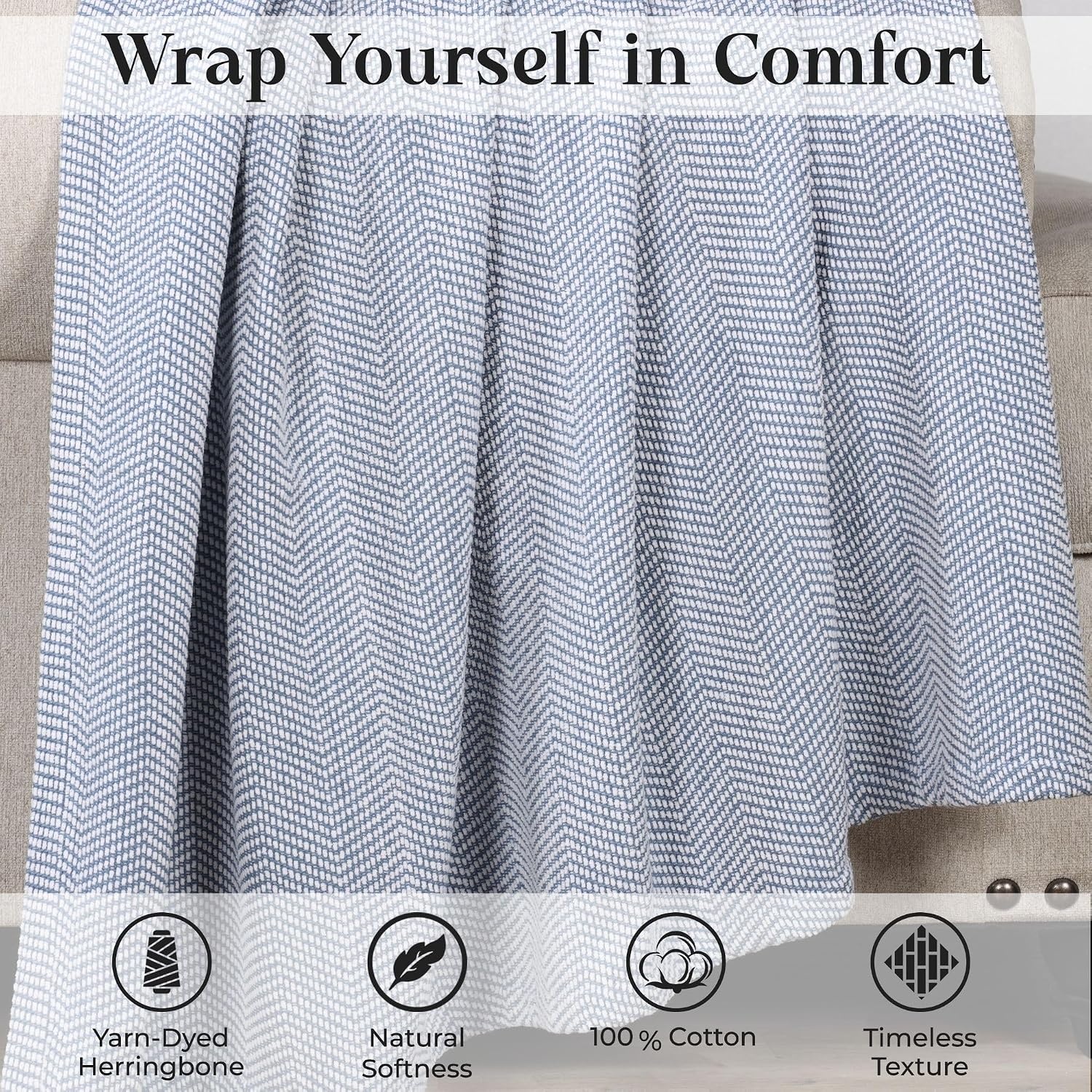 image:imageSUPERIOR Clara Cotton Blanket for Picnic Beach Traveling or Camping Bedroom Decor Essentials Cover for Bed Couch Lounging Textured Jacquard Striped Woven Blanket Twin IvoryBlue