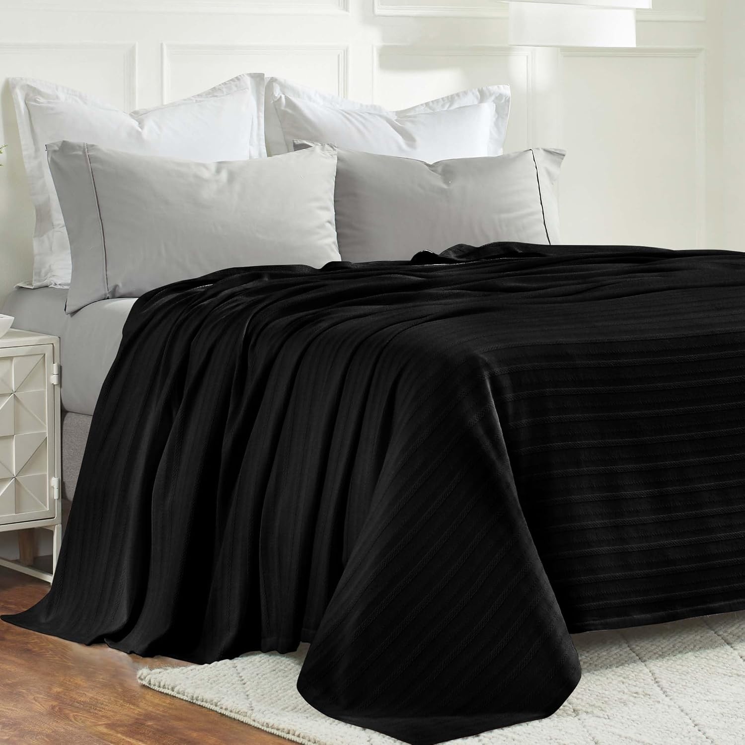 image:imageSUPERIOR Clara Cotton Blanket for Picnic Beach Traveling or Camping Bedroom Decor Essentials Cover for Bed Couch Lounging Textured Jacquard Striped Woven Blanket Twin IvoryBlack