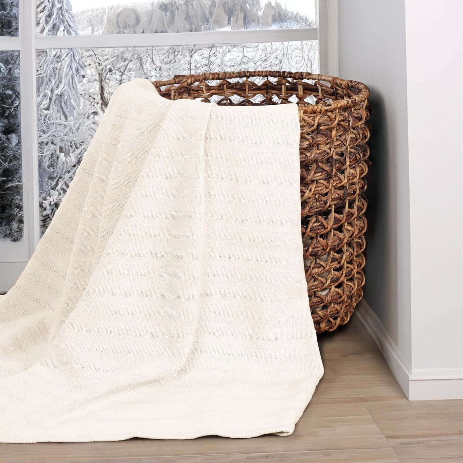 image:imageSUPERIOR Clara Cotton Blanket for Picnic Beach Traveling or Camping Bedroom Decor Essentials Cover for Bed Couch Lounging Textured Jacquard Striped Woven Blanket Twin IvoryIvory