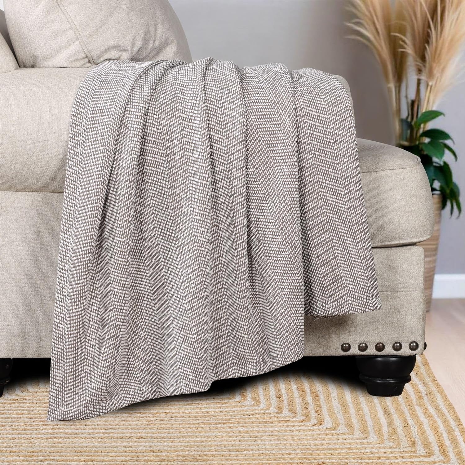 image:imageSUPERIOR Clara Cotton Blanket for Picnic Beach Traveling or Camping Bedroom Decor Essentials Cover for Bed Couch Lounging Textured Jacquard Striped Woven Blanket Twin IvoryBrown