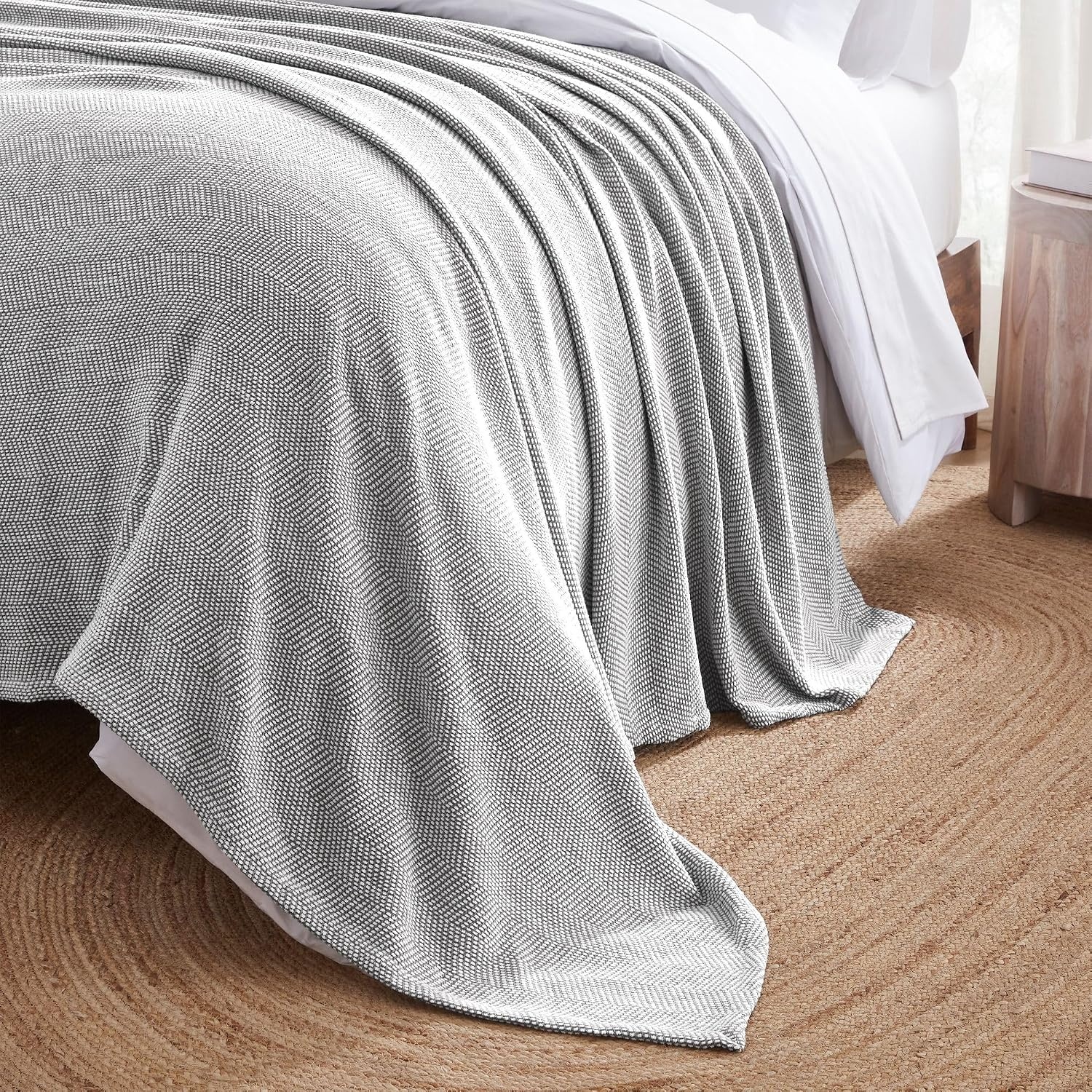 image:imageSUPERIOR Clara Cotton Blanket for Picnic Beach Traveling or Camping Bedroom Decor Essentials Cover for Bed Couch Lounging Textured Jacquard Striped Woven Blanket Twin IvoryCharcoal