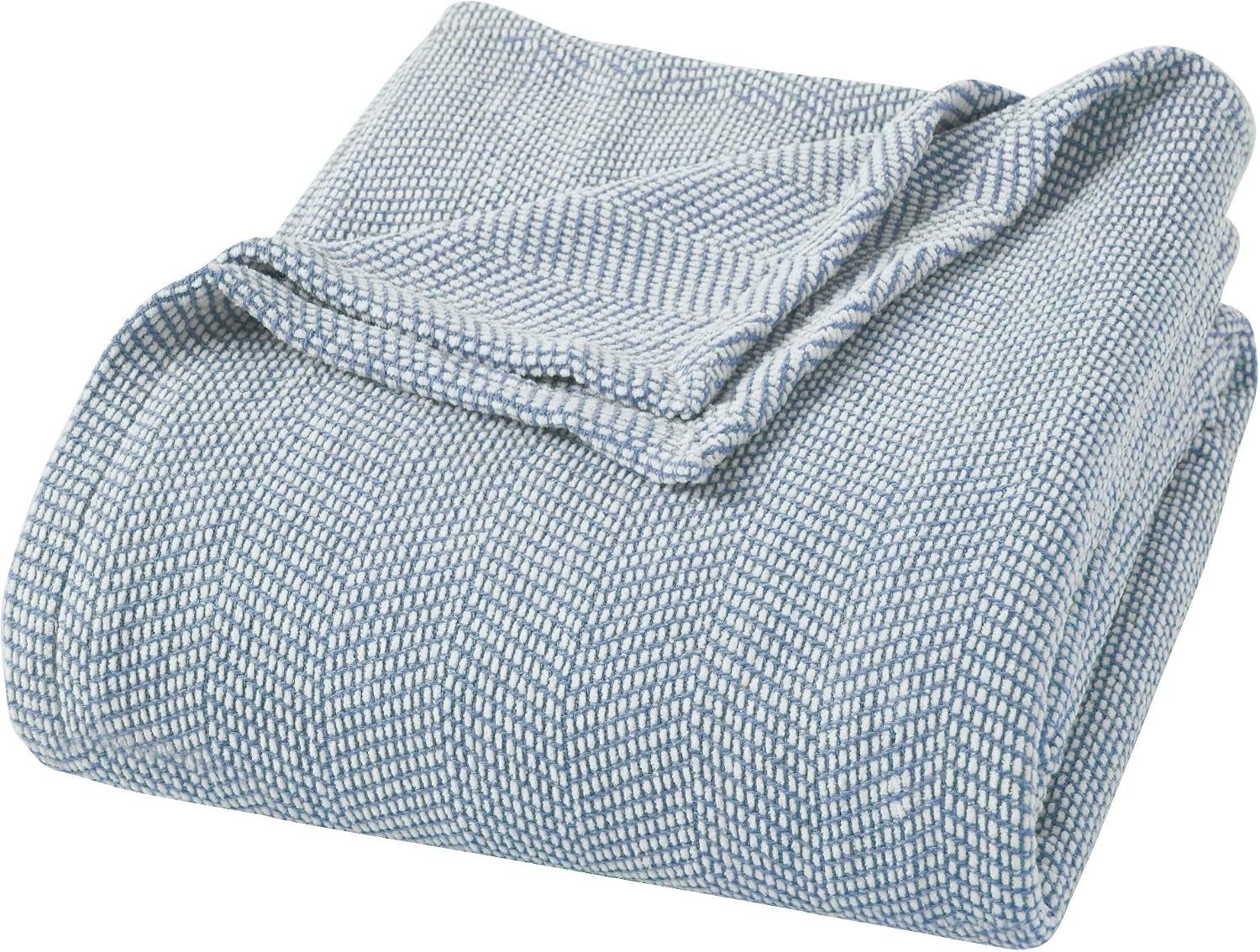 image:imageSUPERIOR Clara Cotton Blanket for Picnic Beach Traveling or Camping Bedroom Decor Essentials Cover for Bed Couch Lounging Textured Jacquard Striped Woven Blanket Twin IvoryBlue