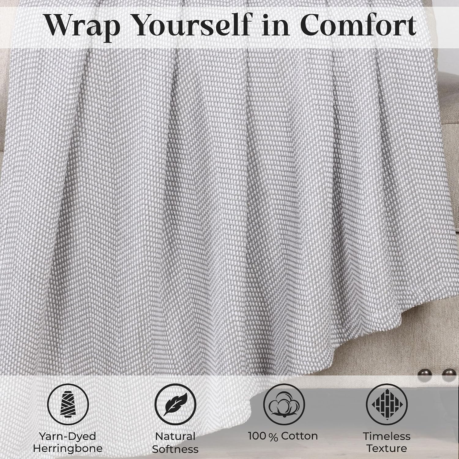 image:imageSUPERIOR Clara Cotton Blanket for Picnic Beach Traveling or Camping Bedroom Decor Essentials Cover for Bed Couch Lounging Textured Jacquard Striped Woven Blanket Twin IvoryGrey