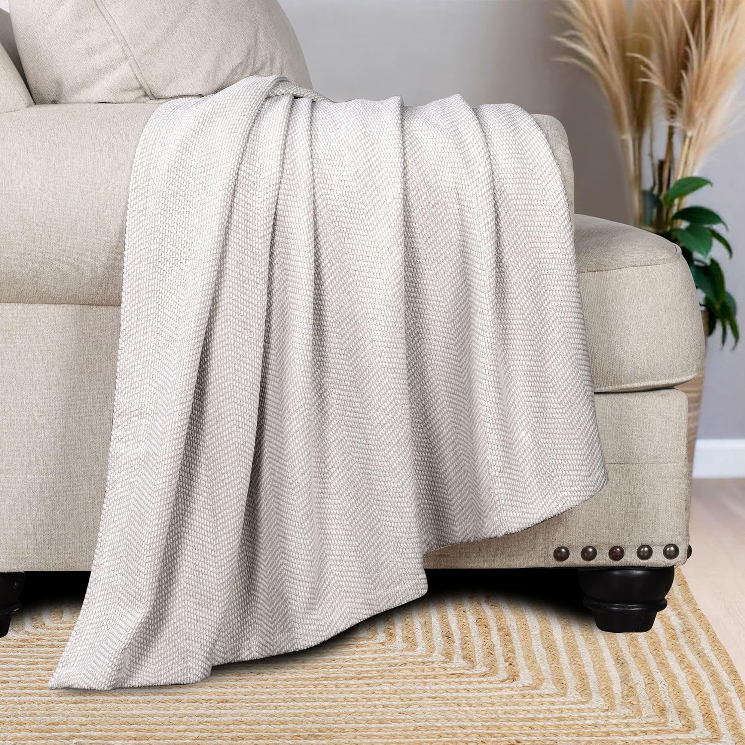 image:imageSUPERIOR Clara Cotton Blanket for Picnic Beach Traveling or Camping Bedroom Decor Essentials Cover for Bed Couch Lounging Textured Jacquard Striped Woven Blanket Twin IvoryTan