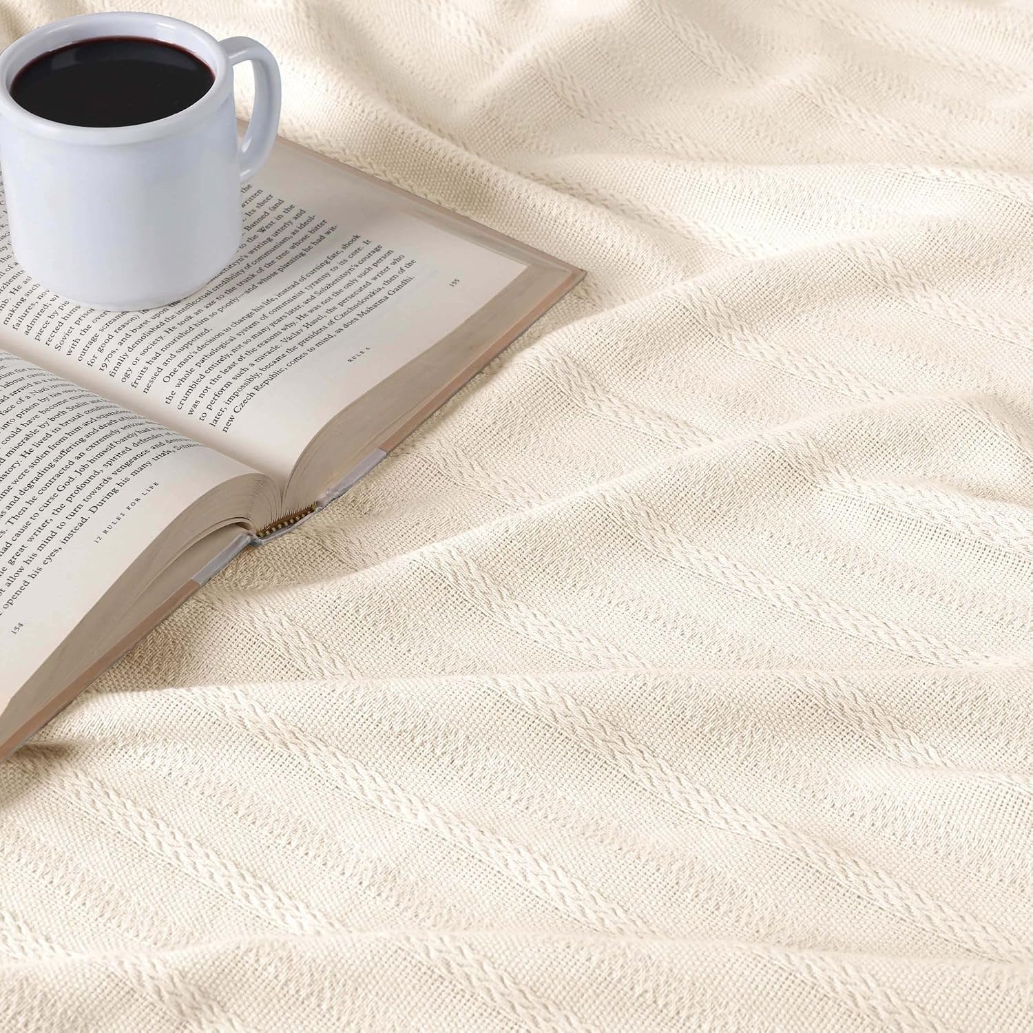 image:imageSUPERIOR Clara Cotton Blanket for Picnic Beach Traveling or Camping Bedroom Decor Essentials Cover for Bed Couch Lounging Textured Jacquard Striped Woven Blanket Twin IvoryIvory