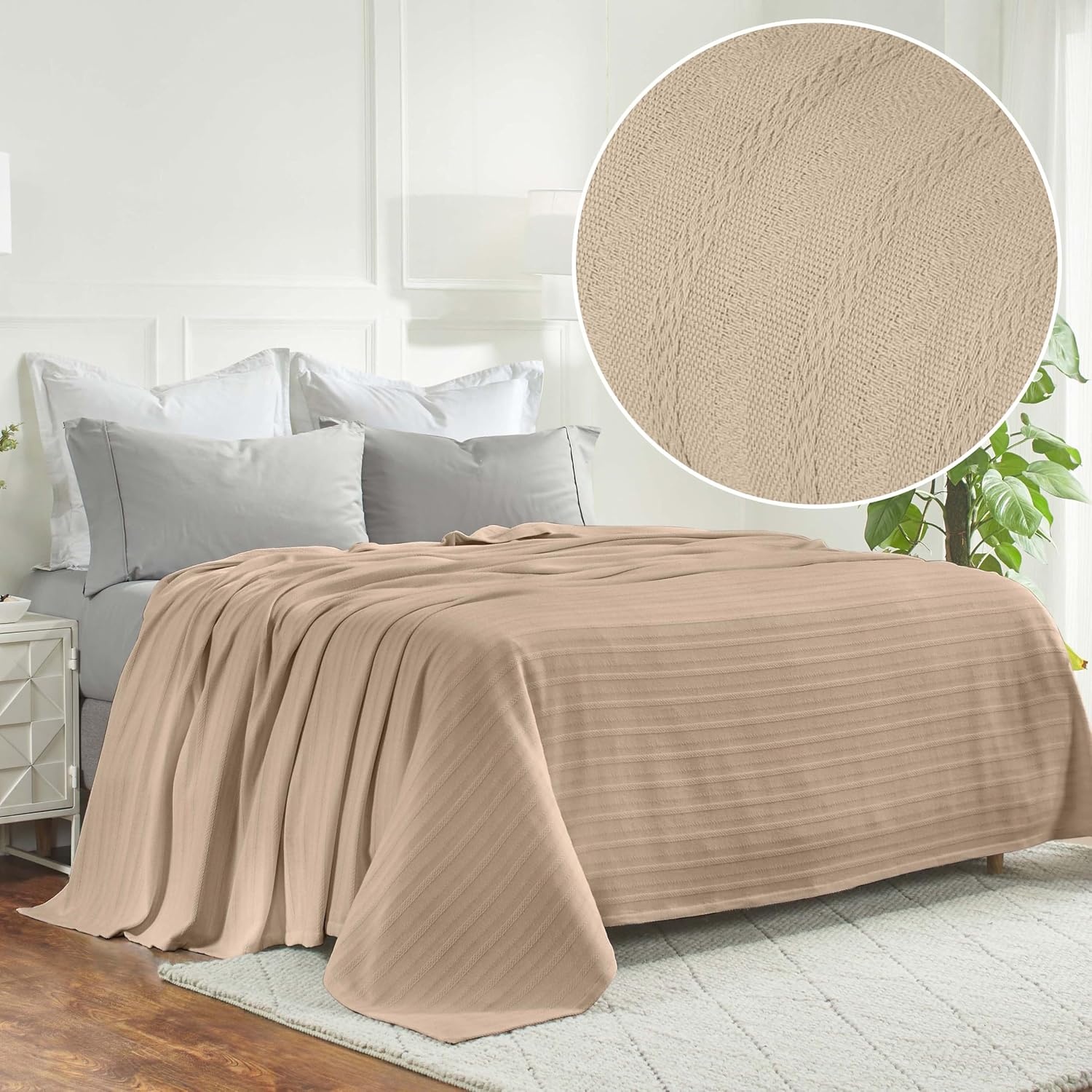 image:imageSUPERIOR Clara Cotton Blanket for Picnic Beach Traveling or Camping Bedroom Decor Essentials Cover for Bed Couch Lounging Textured Jacquard Striped Woven Blanket Twin IvoryKhaki