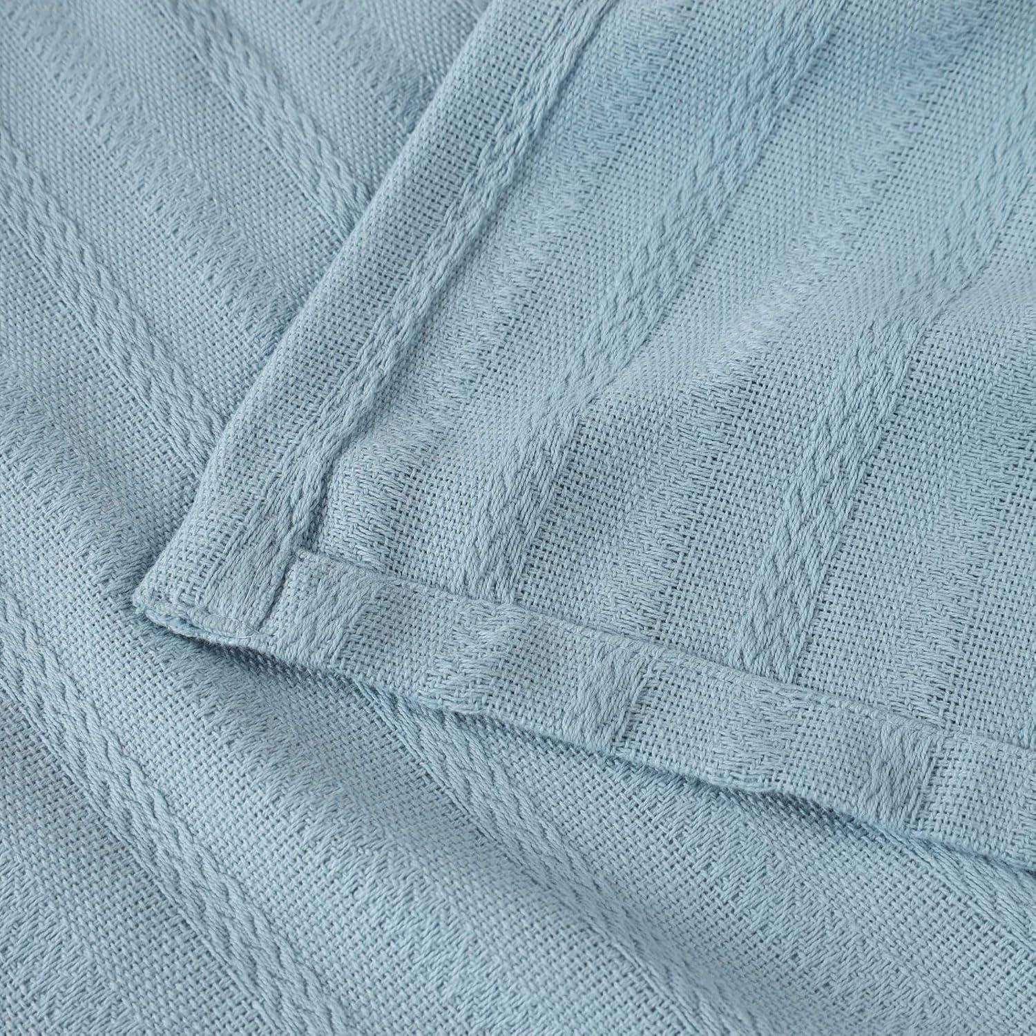 image:imageSUPERIOR Clara Cotton Blanket for Picnic Beach Traveling or Camping Bedroom Decor Essentials Cover for Bed Couch Lounging Textured Jacquard Striped Woven Blanket Twin IvoryLight Blue