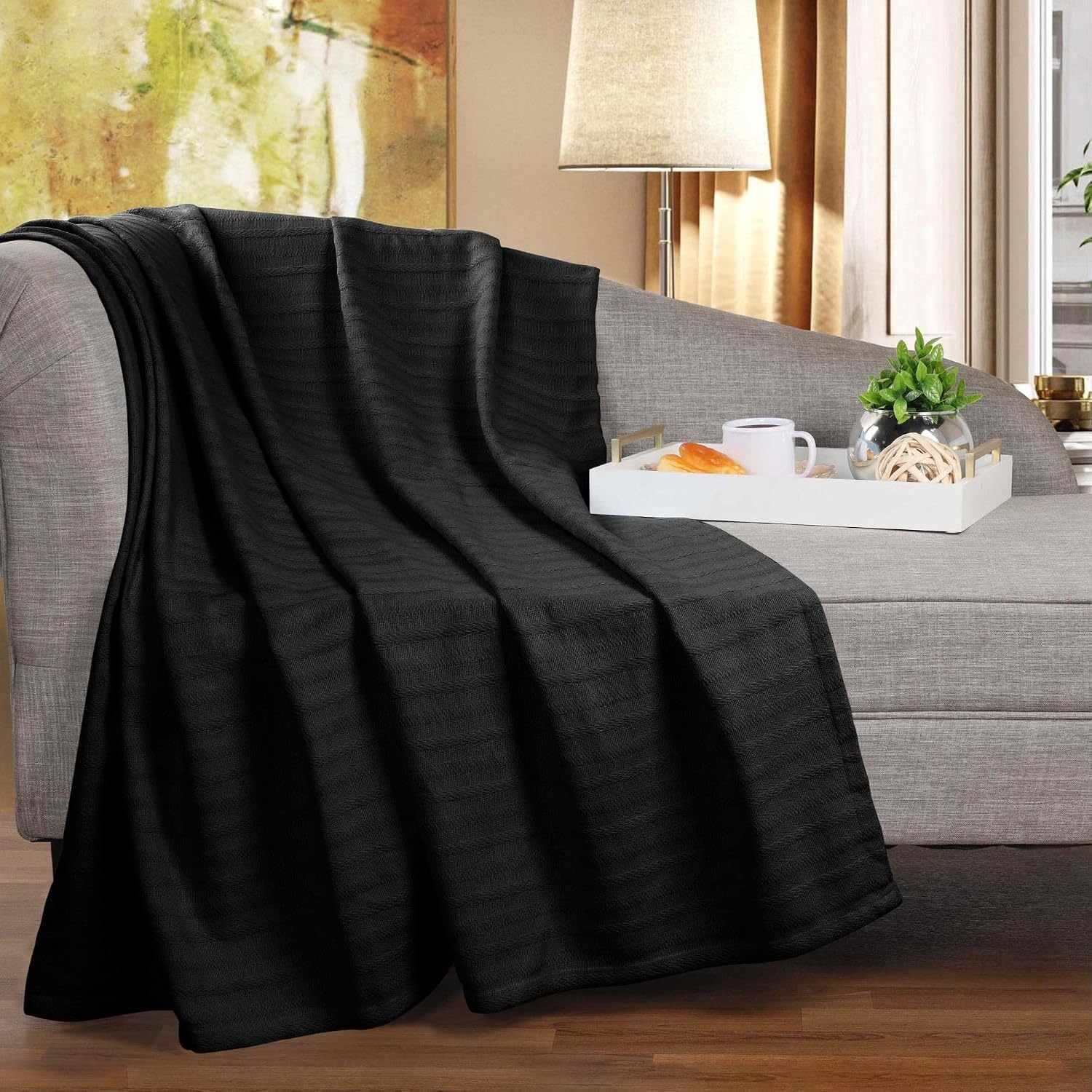 image:imageSUPERIOR Clara Cotton Blanket for Picnic Beach Traveling or Camping Bedroom Decor Essentials Cover for Bed Couch Lounging Textured Jacquard Striped Woven Blanket Twin IvoryBlack