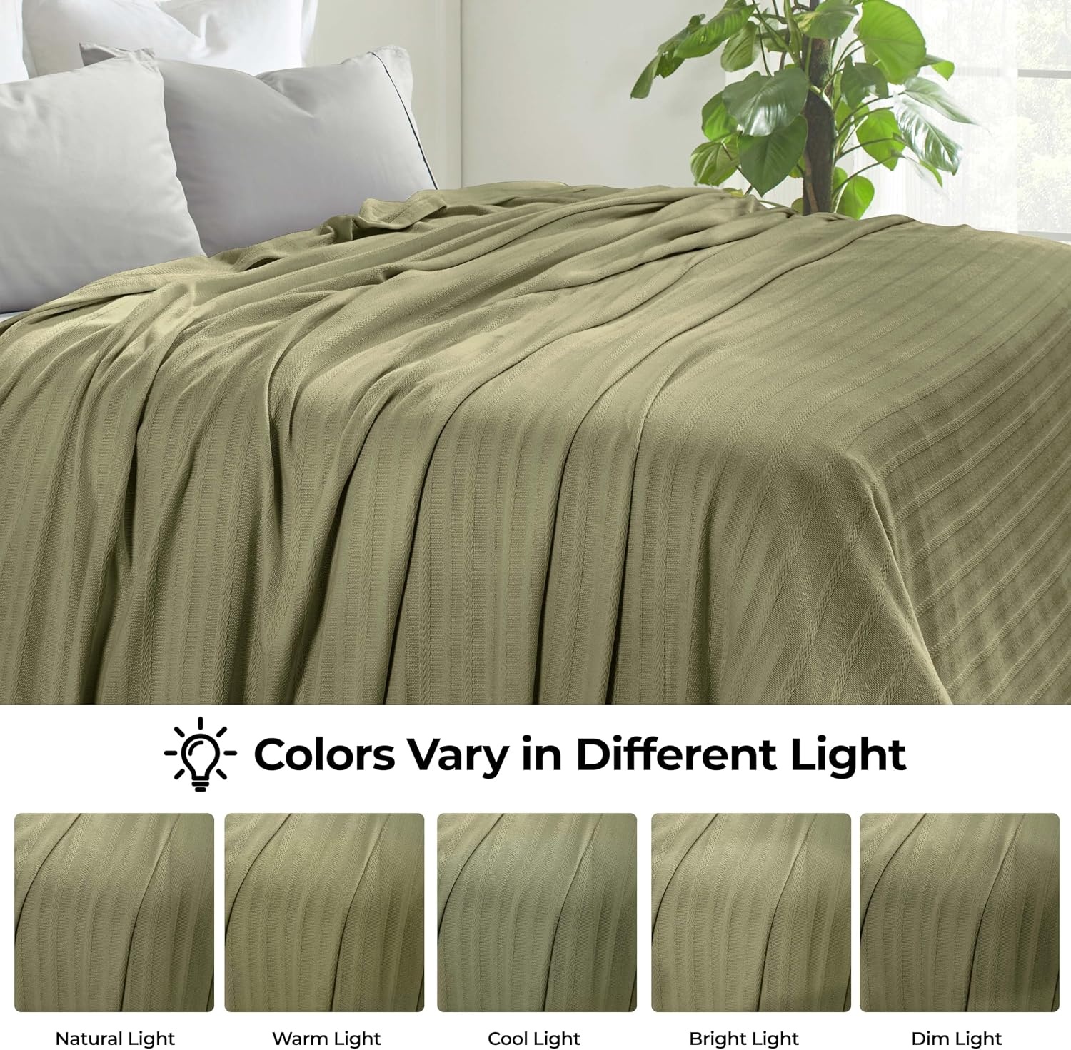 image:imageSUPERIOR Clara Cotton Blanket for Picnic Beach Traveling or Camping Bedroom Decor Essentials Cover for Bed Couch Lounging Textured Jacquard Striped Woven Blanket Twin IvorySage