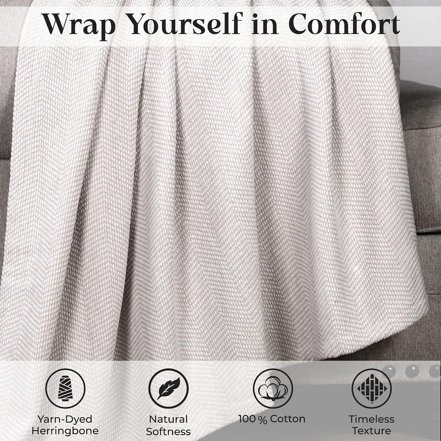 image:imageSUPERIOR Clara Cotton Blanket for Picnic Beach Traveling or Camping Bedroom Decor Essentials Cover for Bed Couch Lounging Textured Jacquard Striped Woven Blanket Twin IvoryTan