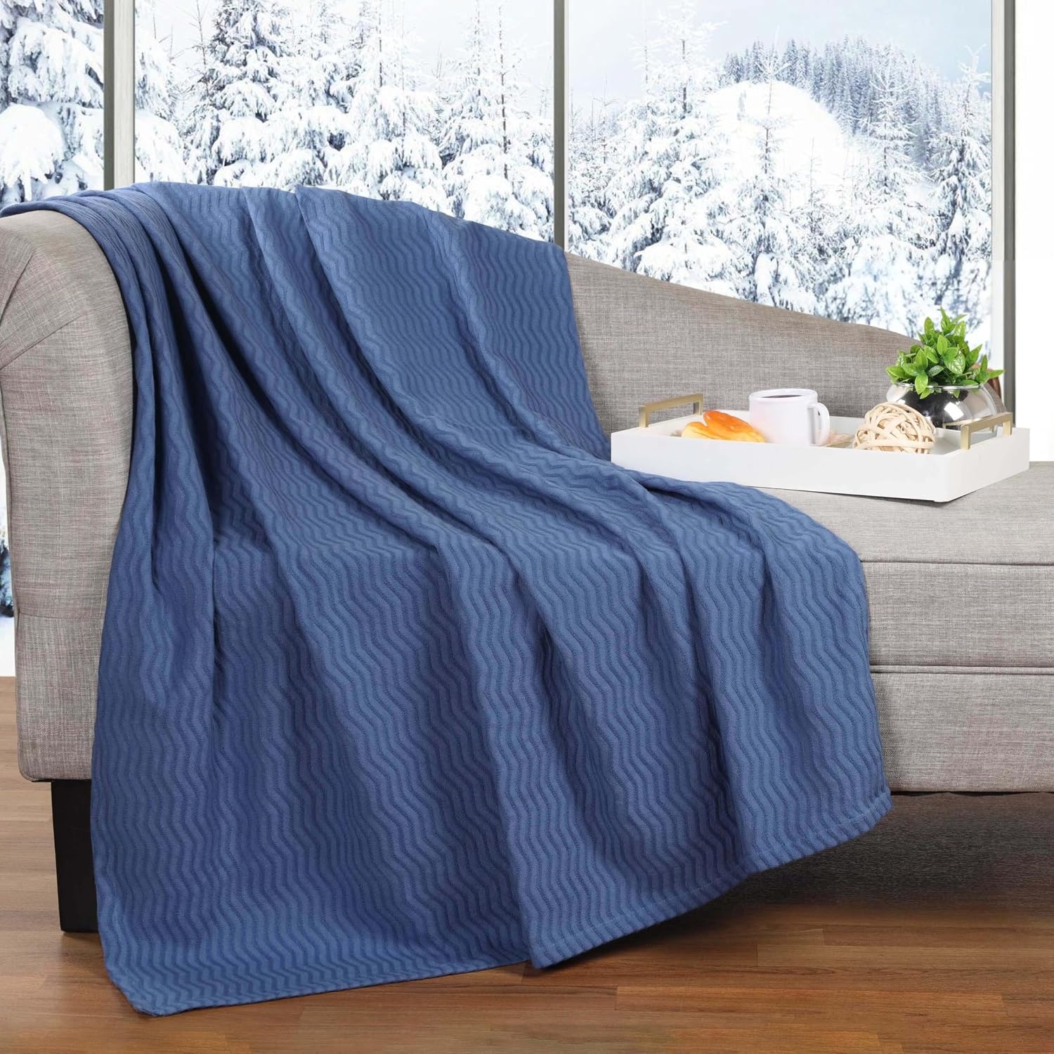 image:imageSUPERIOR JENA Cotton Blanket for Picnic Beach Traveling or Camping Bedroom Decor Essentials Cover for Bed Couch Lounging Textured Jacquard Modern Chevron Woven Blanket FullQueen IvoryMerritt Blue