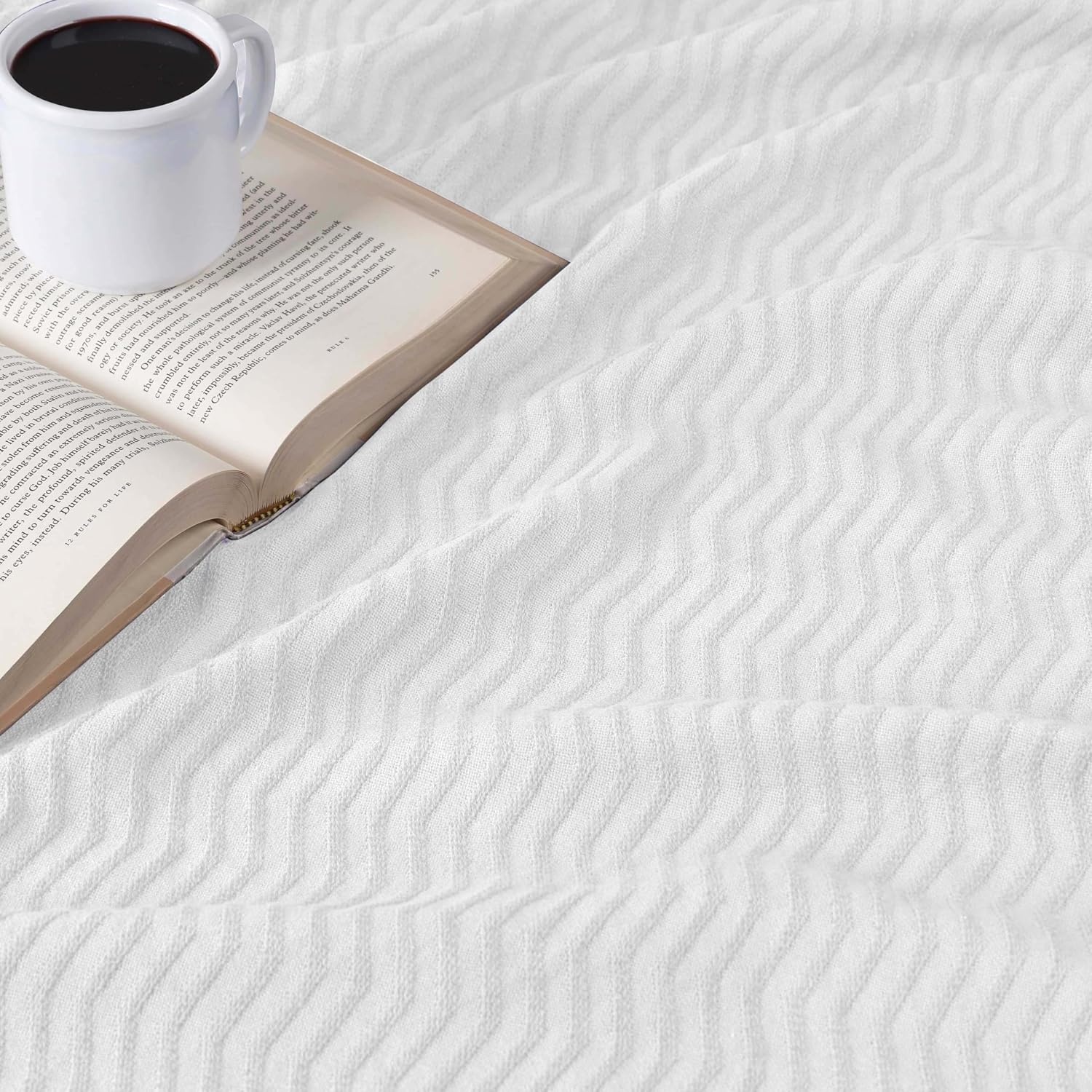 image:imageSUPERIOR JENA Cotton Blanket for Picnic Beach Traveling or Camping Bedroom Decor Essentials Cover for Bed Couch Lounging Textured Jacquard Modern Chevron Woven Blanket FullQueen IvoryWhite