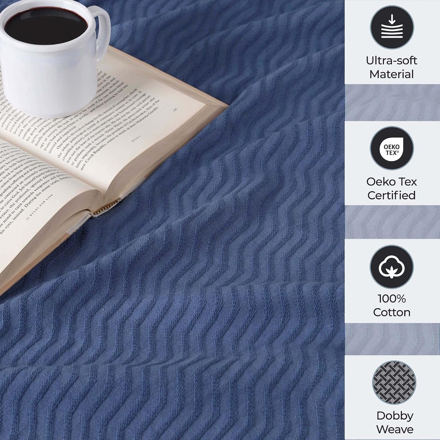 image:imageSUPERIOR JENA Cotton Blanket for Picnic Beach Traveling or Camping Bedroom Decor Essentials Cover for Bed Couch Lounging Textured Jacquard Modern Chevron Woven Blanket FullQueen IvoryMerritt Blue