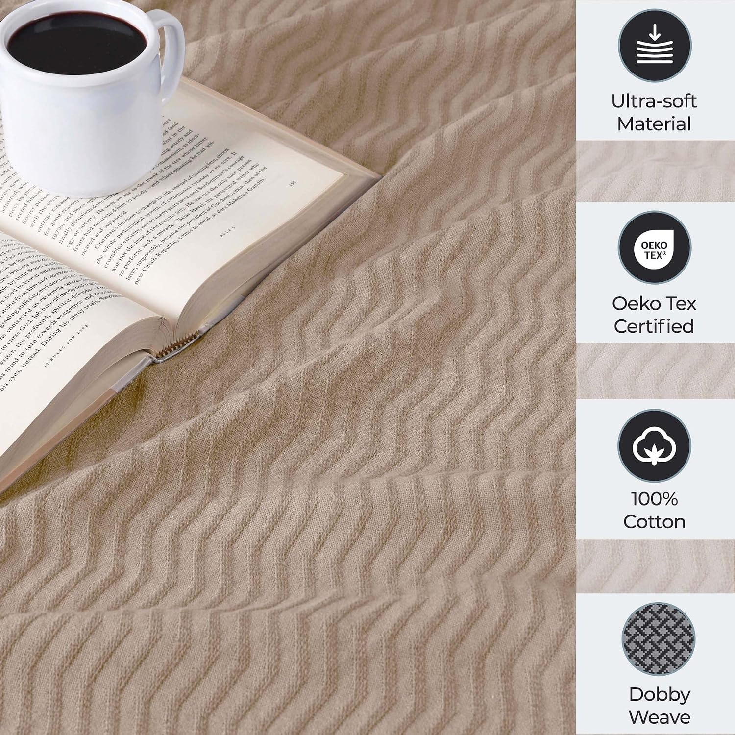 image:imageSUPERIOR JENA Cotton Blanket for Picnic Beach Traveling or Camping Bedroom Decor Essentials Cover for Bed Couch Lounging Textured Jacquard Modern Chevron Woven Blanket FullQueen IvoryKhaki