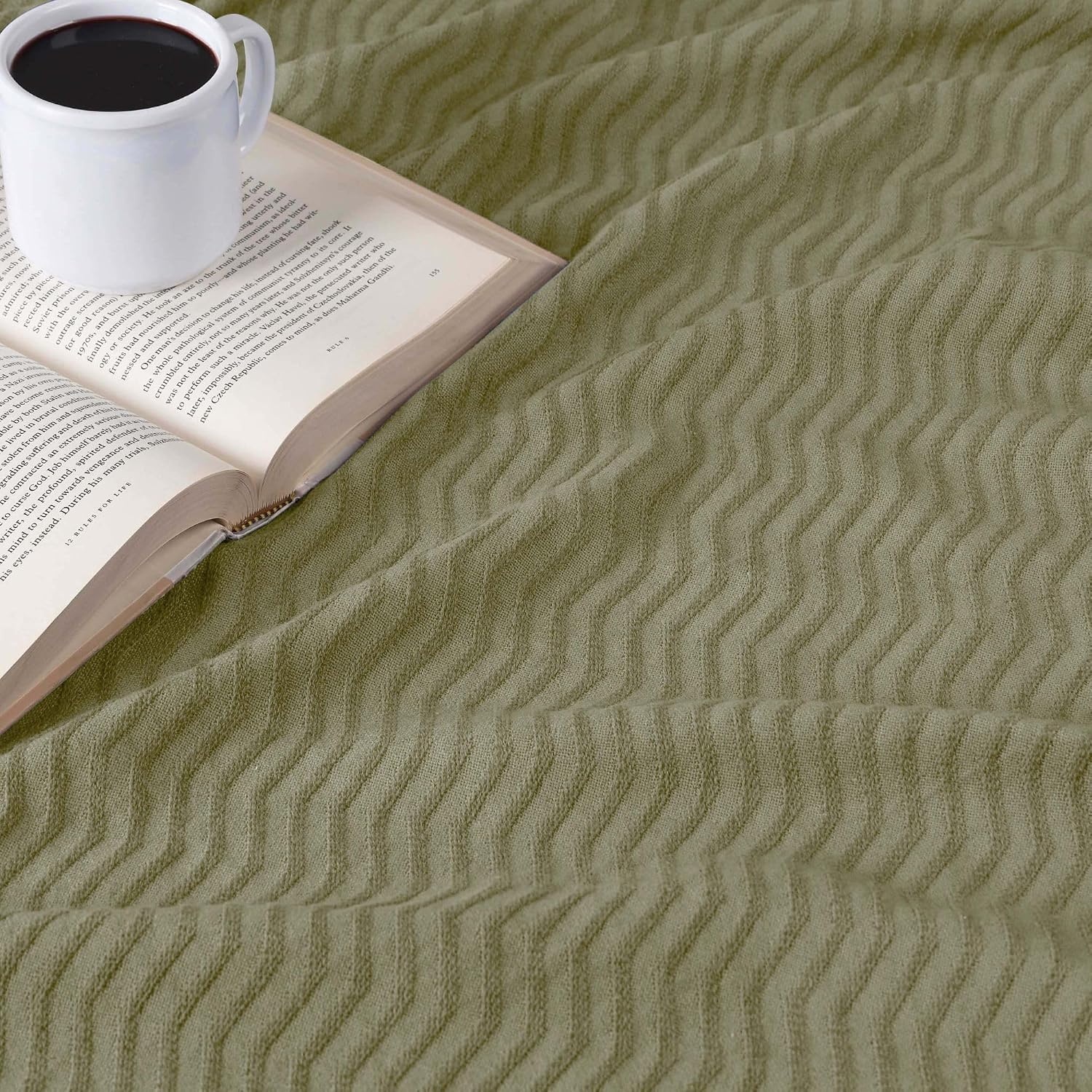 image:imageSUPERIOR JENA Cotton Blanket for Picnic Beach Traveling or Camping Bedroom Decor Essentials Cover for Bed Couch Lounging Textured Jacquard Modern Chevron Woven Blanket FullQueen IvorySage