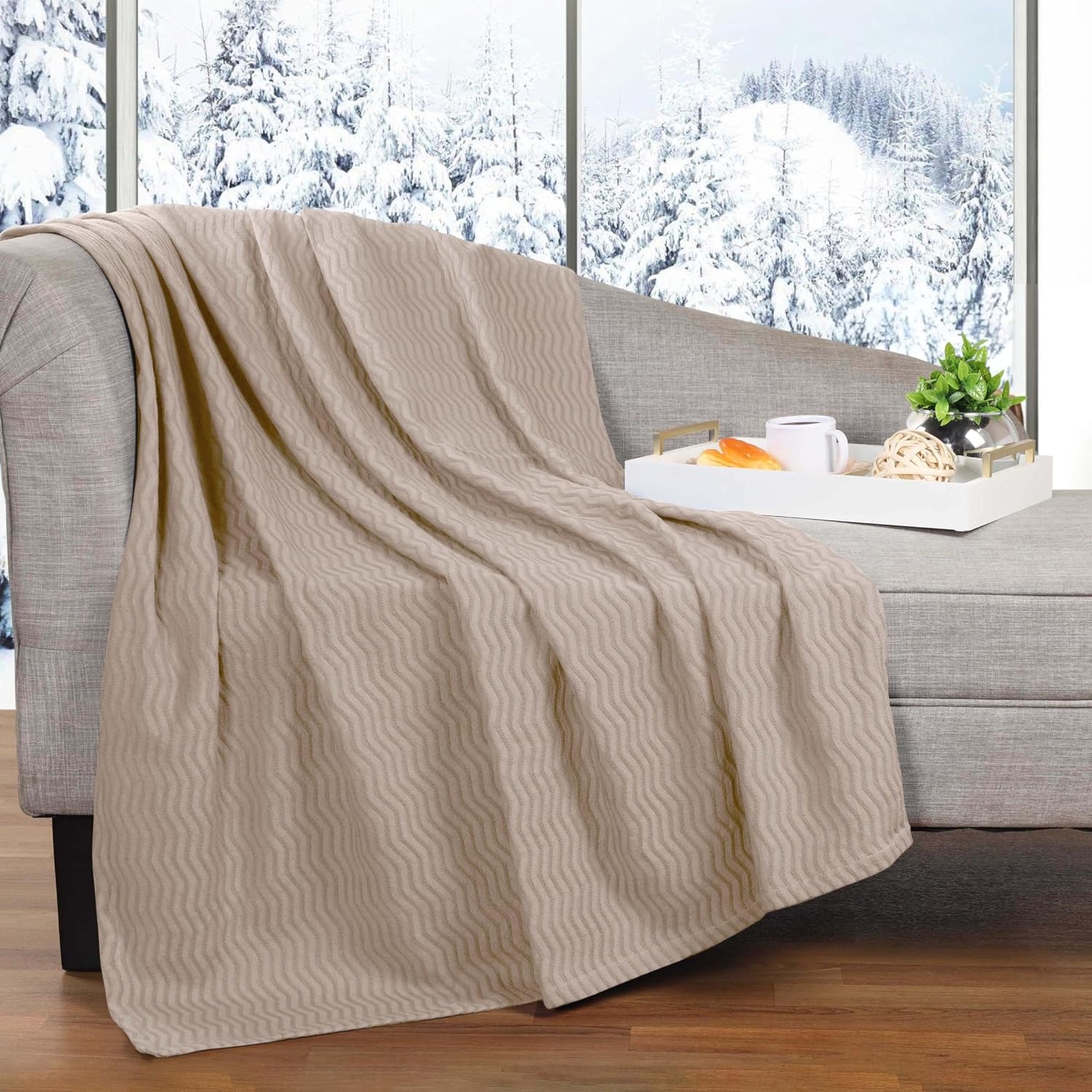 image:imageSUPERIOR JENA Cotton Blanket for Picnic Beach Traveling or Camping Bedroom Decor Essentials Cover for Bed Couch Lounging Textured Jacquard Modern Chevron Woven Blanket FullQueen IvoryKhaki