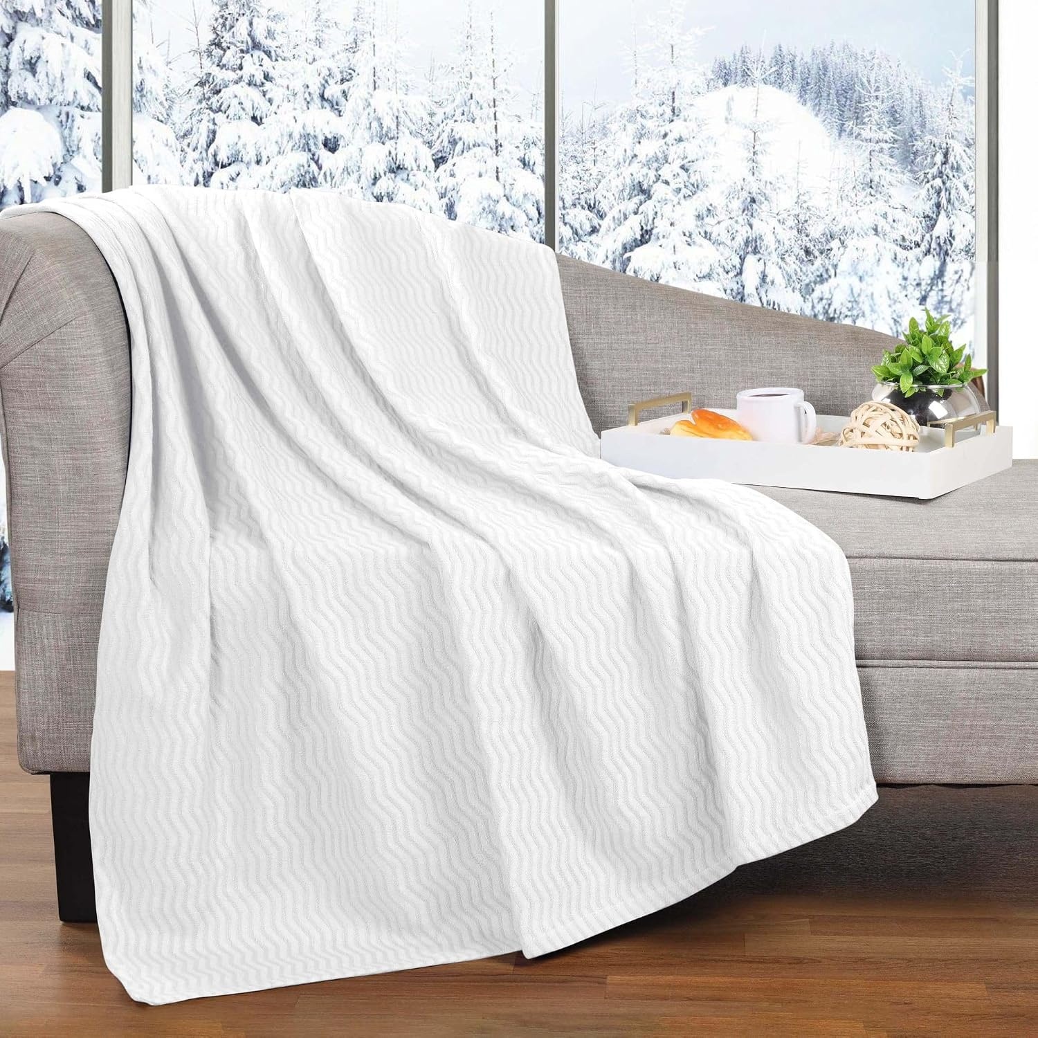 image:imageSUPERIOR JENA Cotton Blanket for Picnic Beach Traveling or Camping Bedroom Decor Essentials Cover for Bed Couch Lounging Textured Jacquard Modern Chevron Woven Blanket FullQueen IvoryWhite