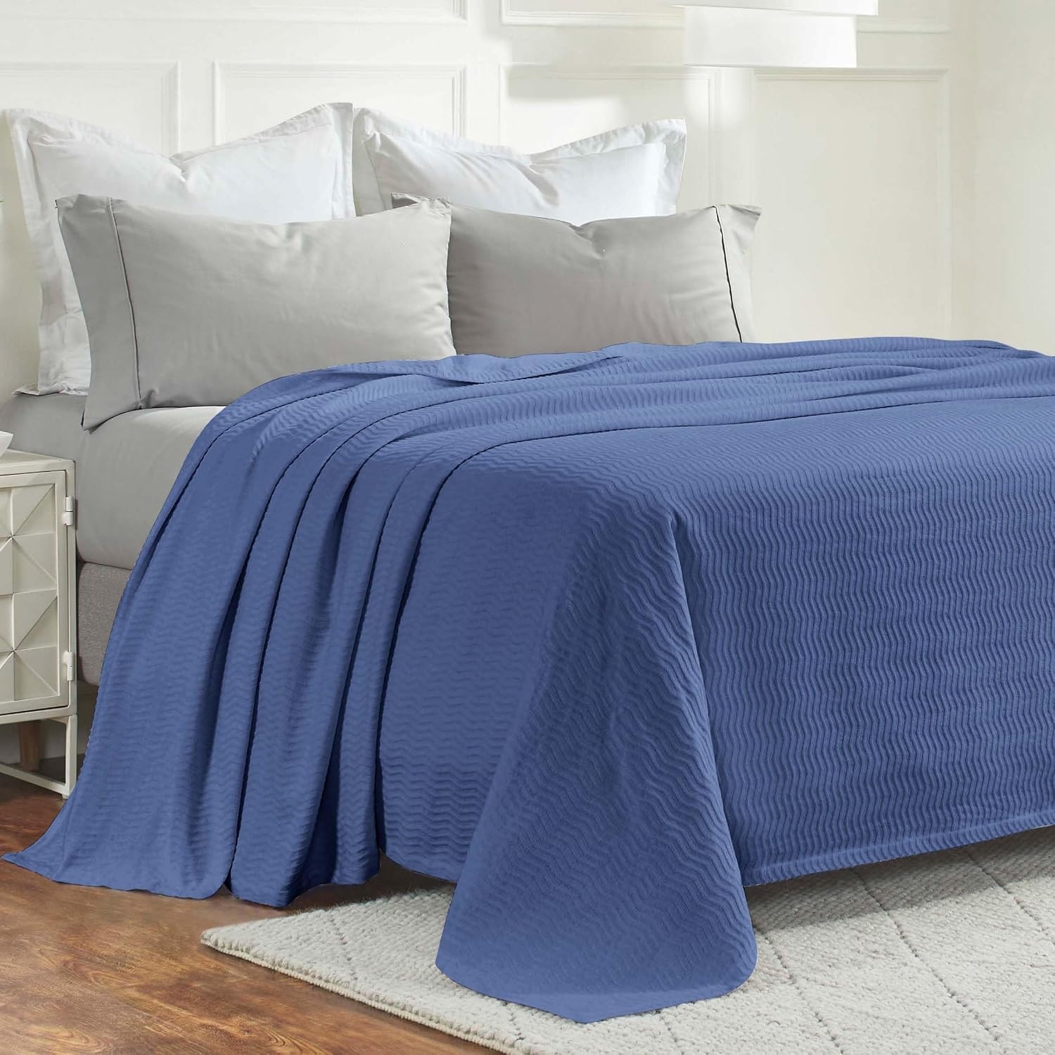 image:imageSUPERIOR JENA Cotton Blanket for Picnic Beach Traveling or Camping Bedroom Decor Essentials Cover for Bed Couch Lounging Textured Jacquard Modern Chevron Woven Blanket FullQueen IvoryMerritt Blue