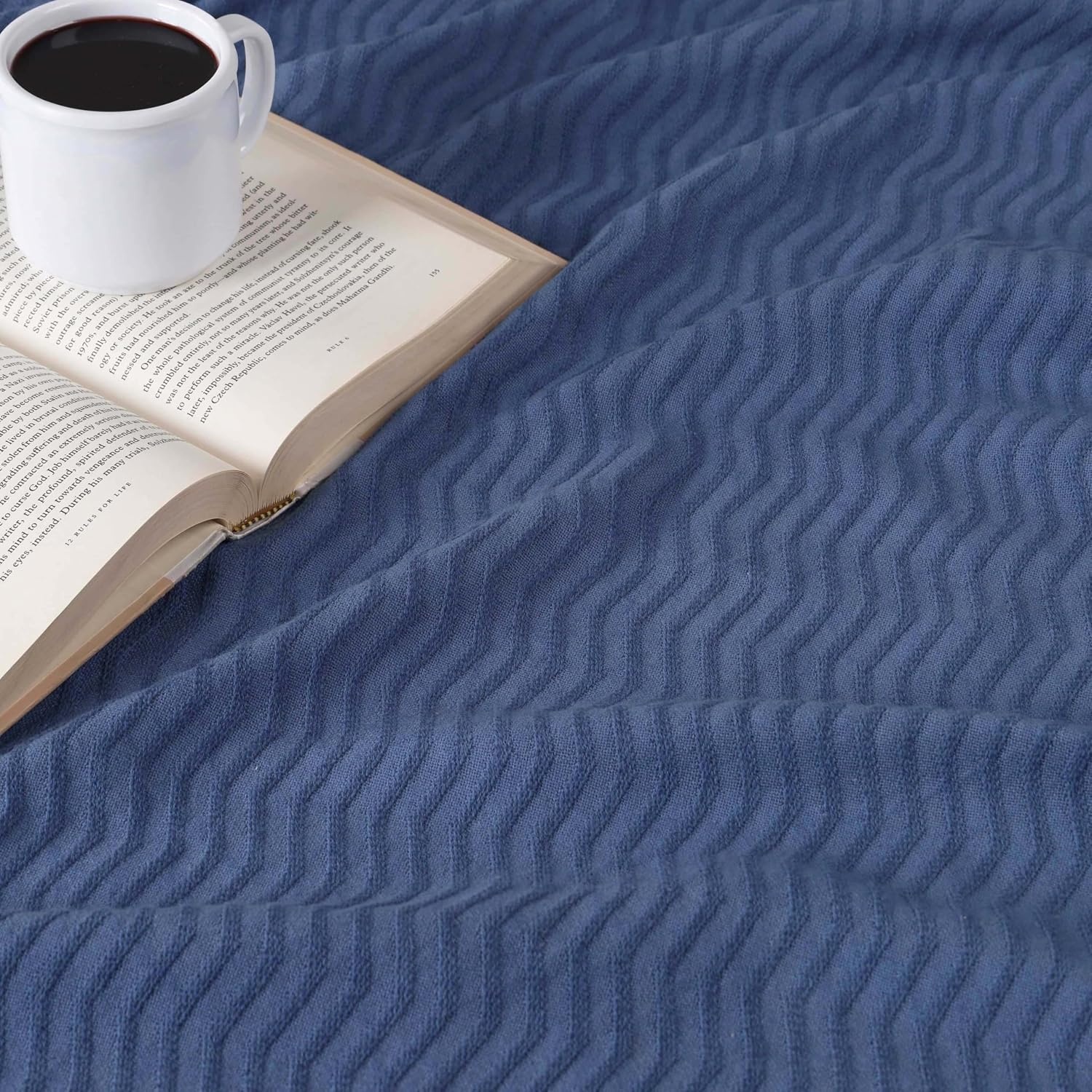 image:imageSUPERIOR JENA Cotton Blanket for Picnic Beach Traveling or Camping Bedroom Decor Essentials Cover for Bed Couch Lounging Textured Jacquard Modern Chevron Woven Blanket FullQueen IvoryMerritt Blue
