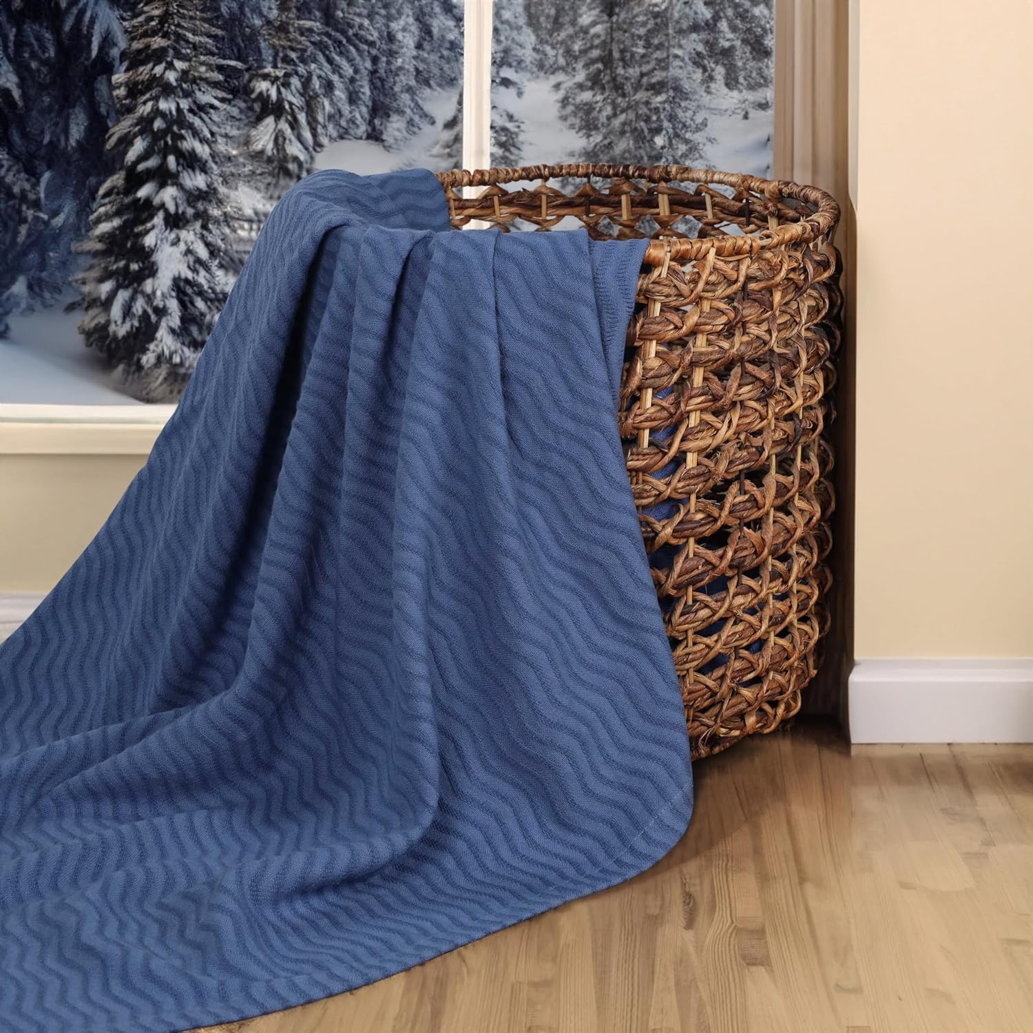 image:imageSUPERIOR JENA Cotton Blanket for Picnic Beach Traveling or Camping Bedroom Decor Essentials Cover for Bed Couch Lounging Textured Jacquard Modern Chevron Woven Blanket FullQueen IvoryMerritt Blue