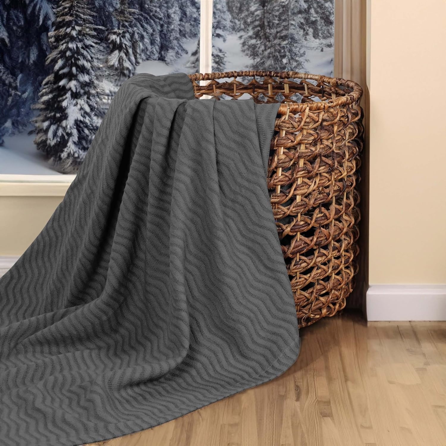 image:imageSUPERIOR JENA Cotton Blanket for Picnic Beach Traveling or Camping Bedroom Decor Essentials Cover for Bed Couch Lounging Textured Jacquard Modern Chevron Woven Blanket FullQueen IvoryCharcoal