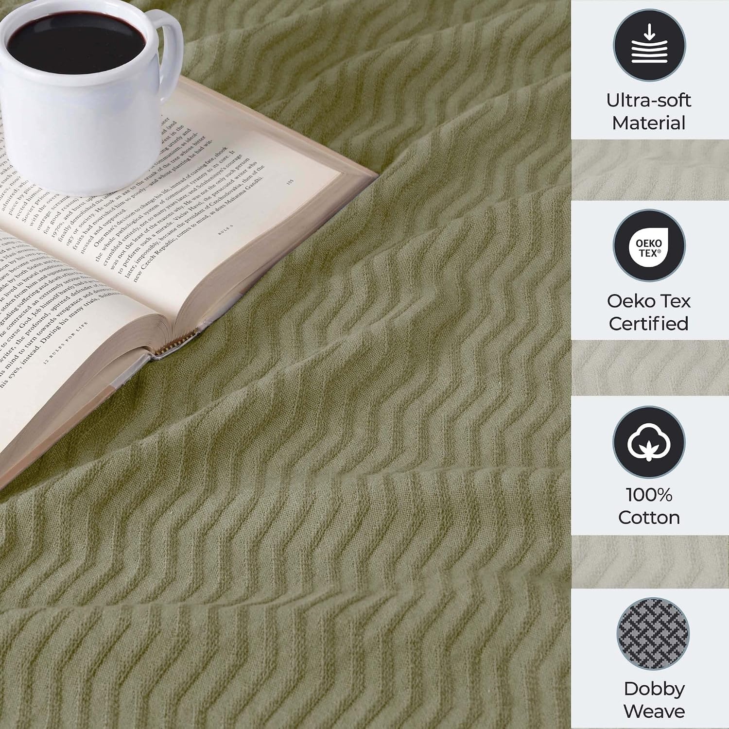 image:imageSUPERIOR JENA Cotton Blanket for Picnic Beach Traveling or Camping Bedroom Decor Essentials Cover for Bed Couch Lounging Textured Jacquard Modern Chevron Woven Blanket FullQueen IvorySage